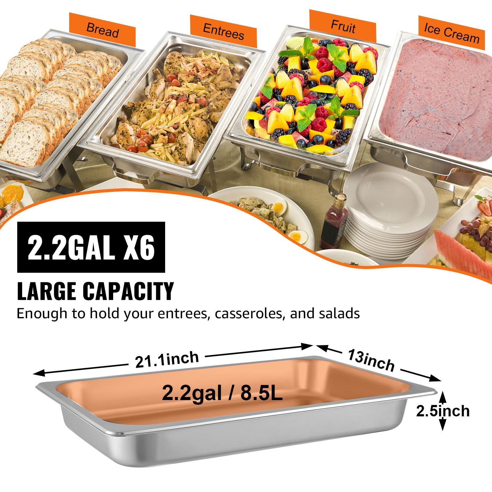 6-Pack Full Size 2.5" Deep Stainless Steel Hotel Pans, 22 Gauge, Anti-Jam