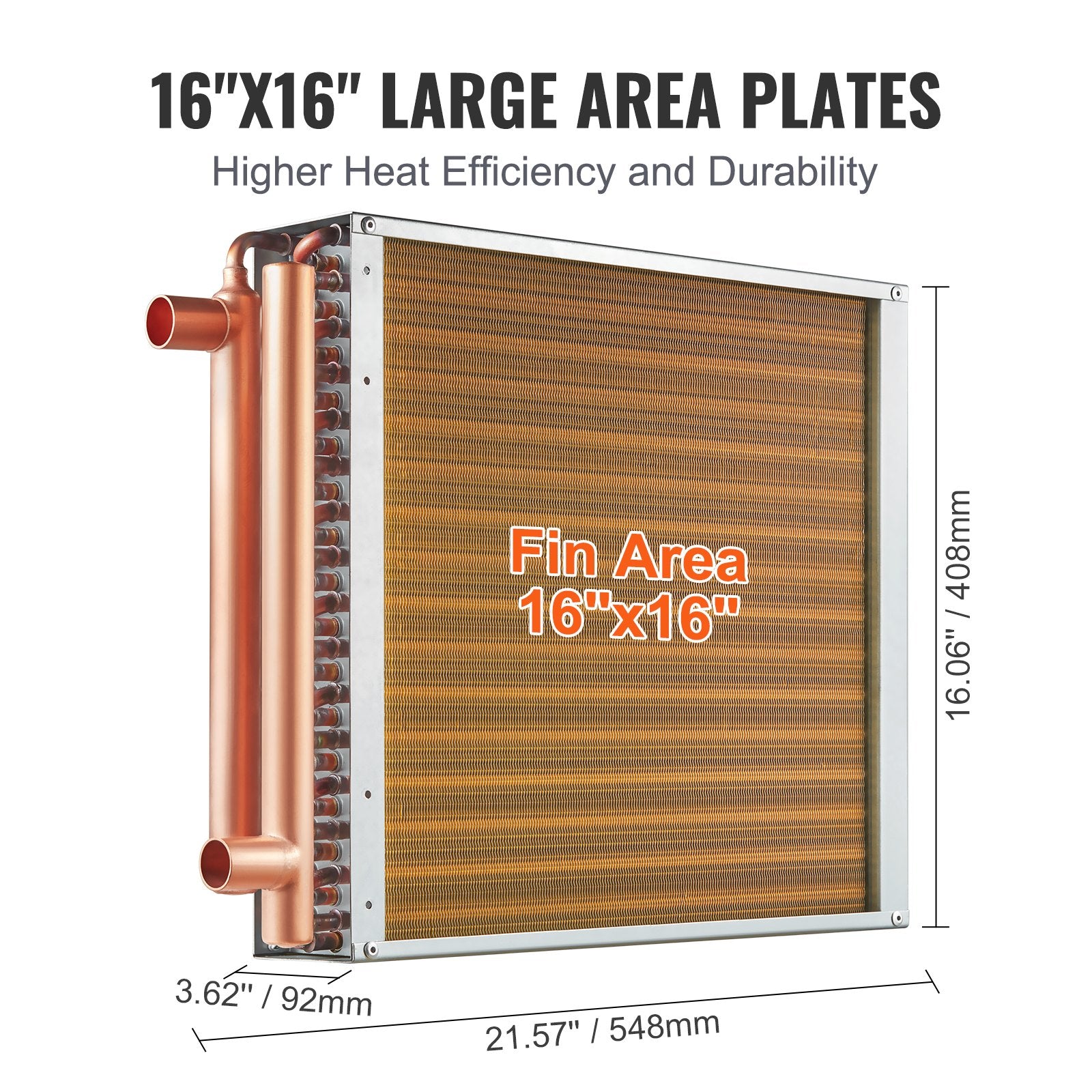 Heat Exchanger Water to Air 16x16in 3-Row Copper Ports Aluminum Fins