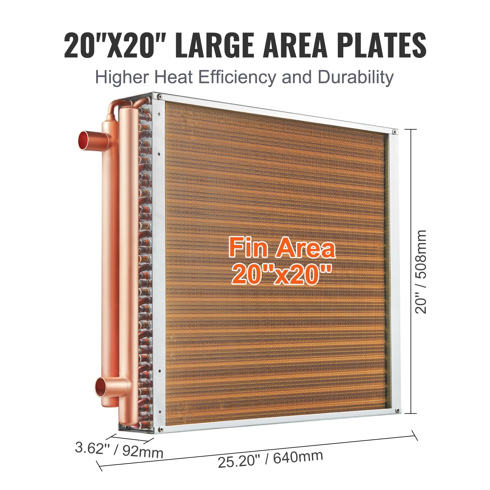 Heat Exchanger Water to Air 20x20in 3-Row Copper Ports Aluminum Fins