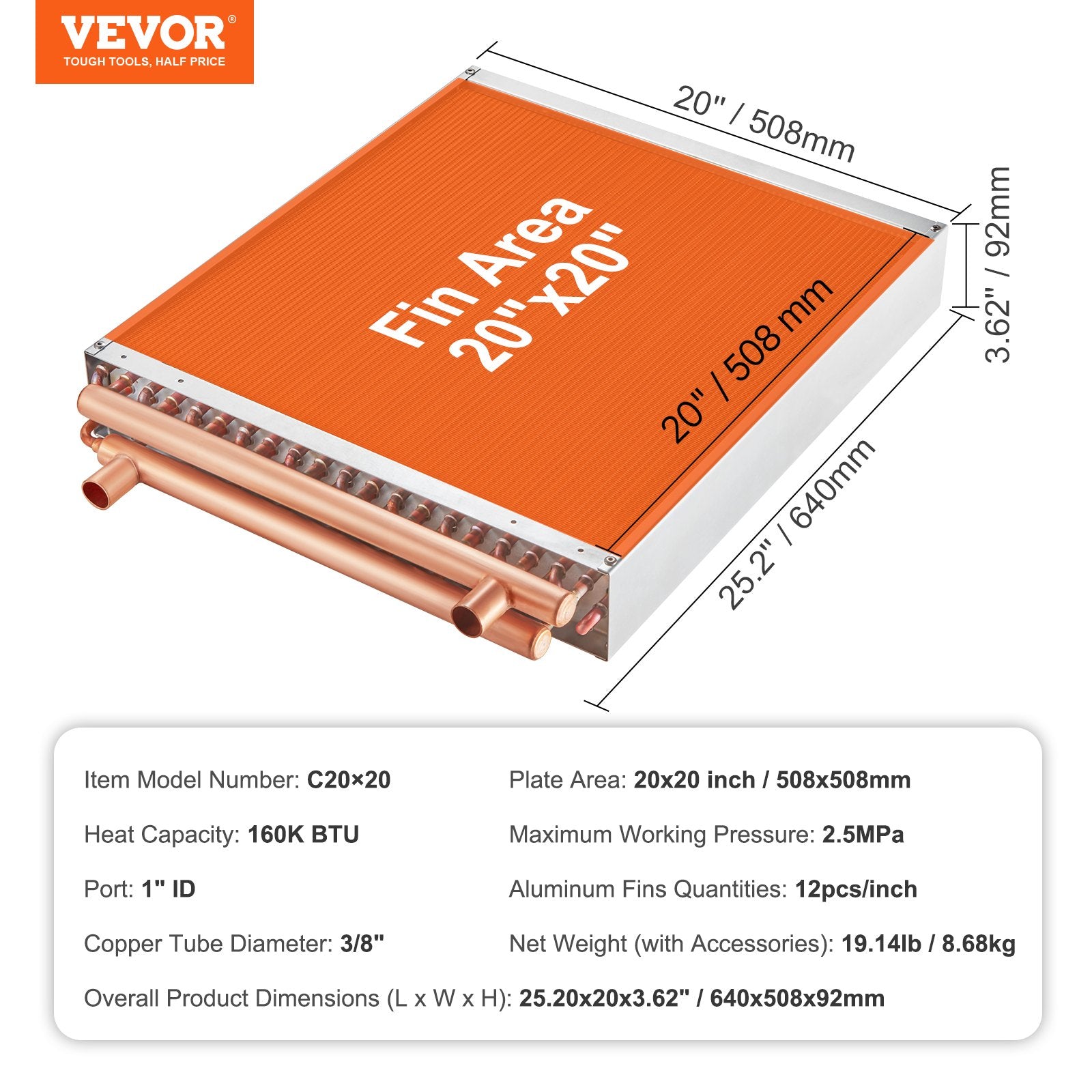Heat Exchanger Water to Air 20x20in 3-Row Copper Ports Aluminum Fins