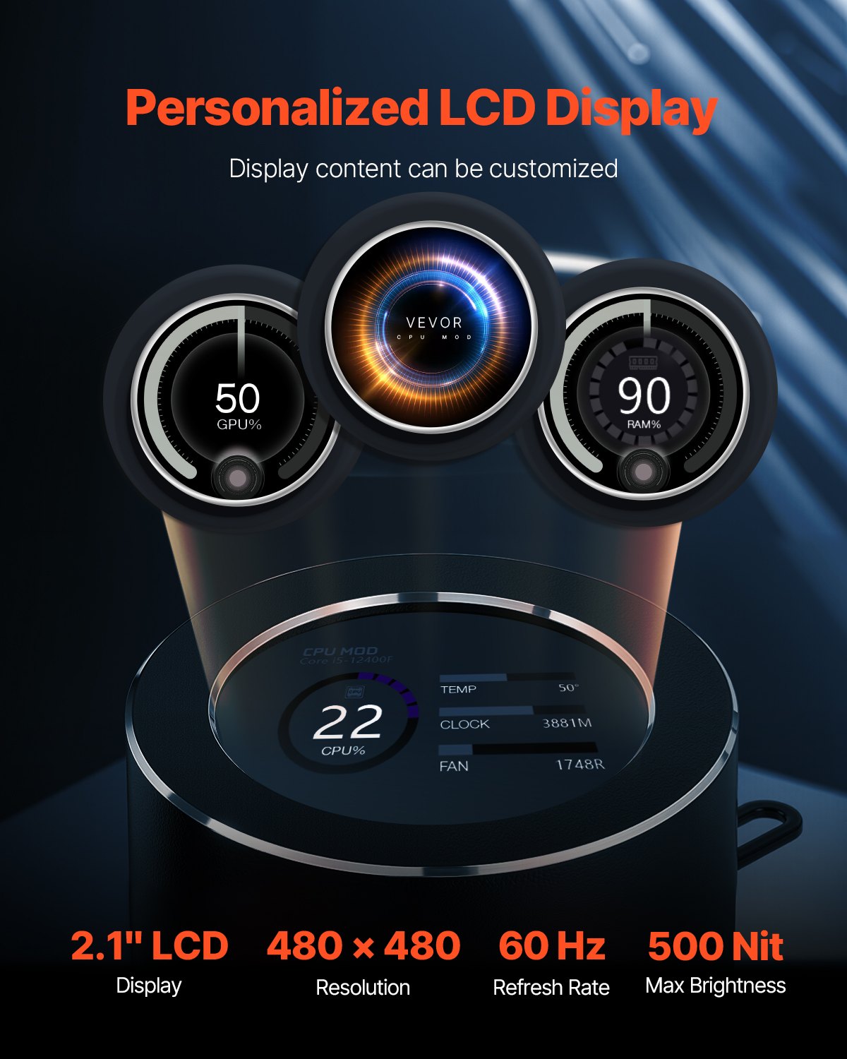 CPU Liquid Cooler AIO 3x120mm Fans 2.1in LCD Display 2200RPM Intel AMD