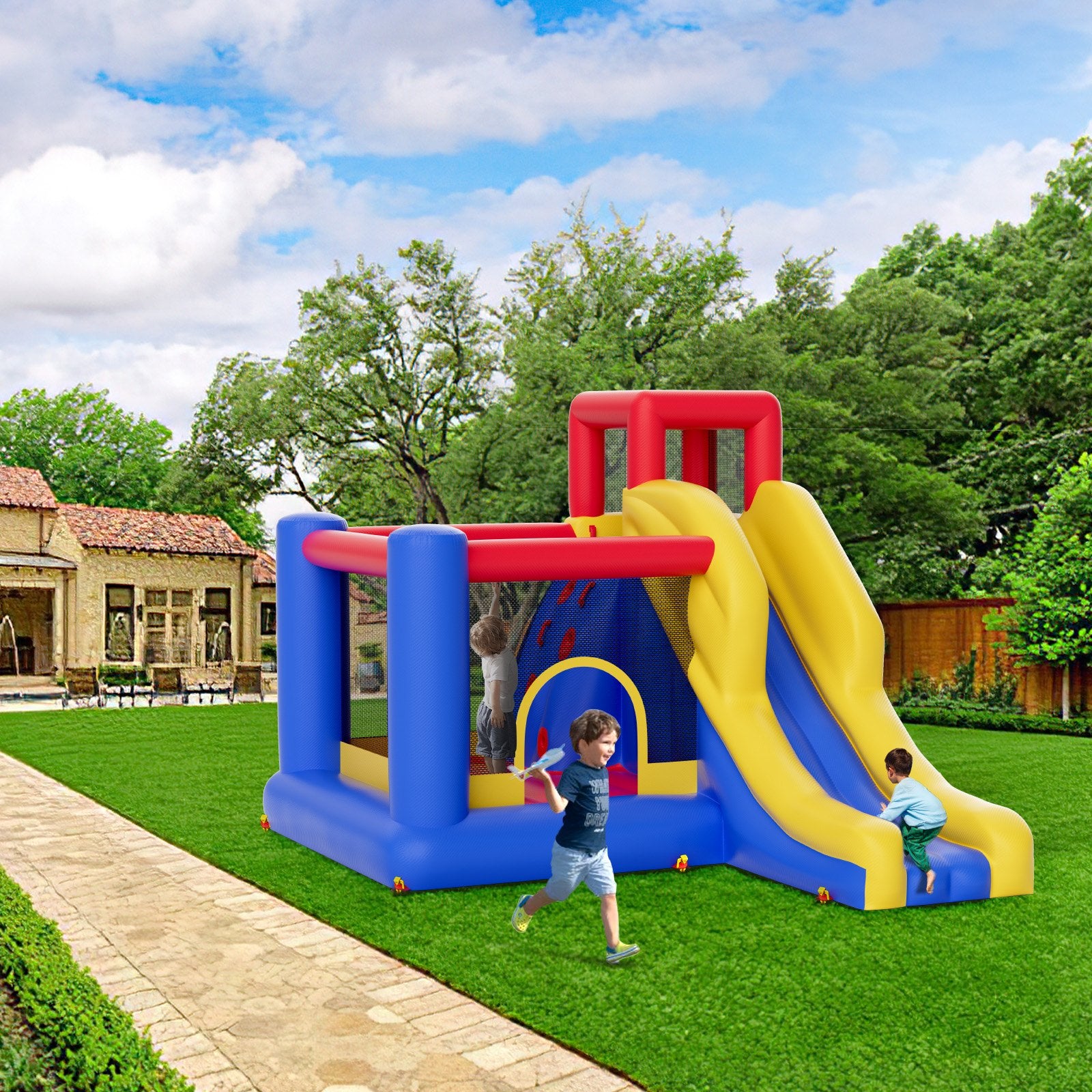 Inflatable Bounce House with Slide and Blower for Kids 3–8 Backyard Playhouse