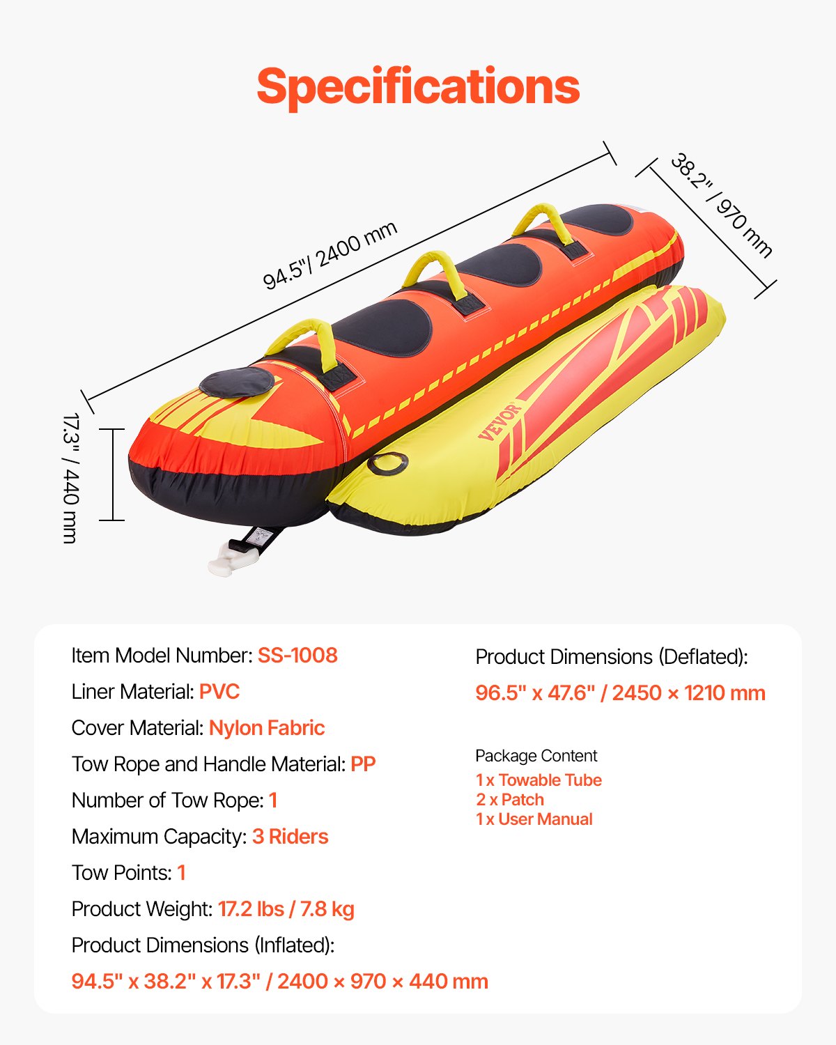Towable Tubes for Boating 1-3 Riders 510lbs Inflatable Hot Dog Tube with Handles