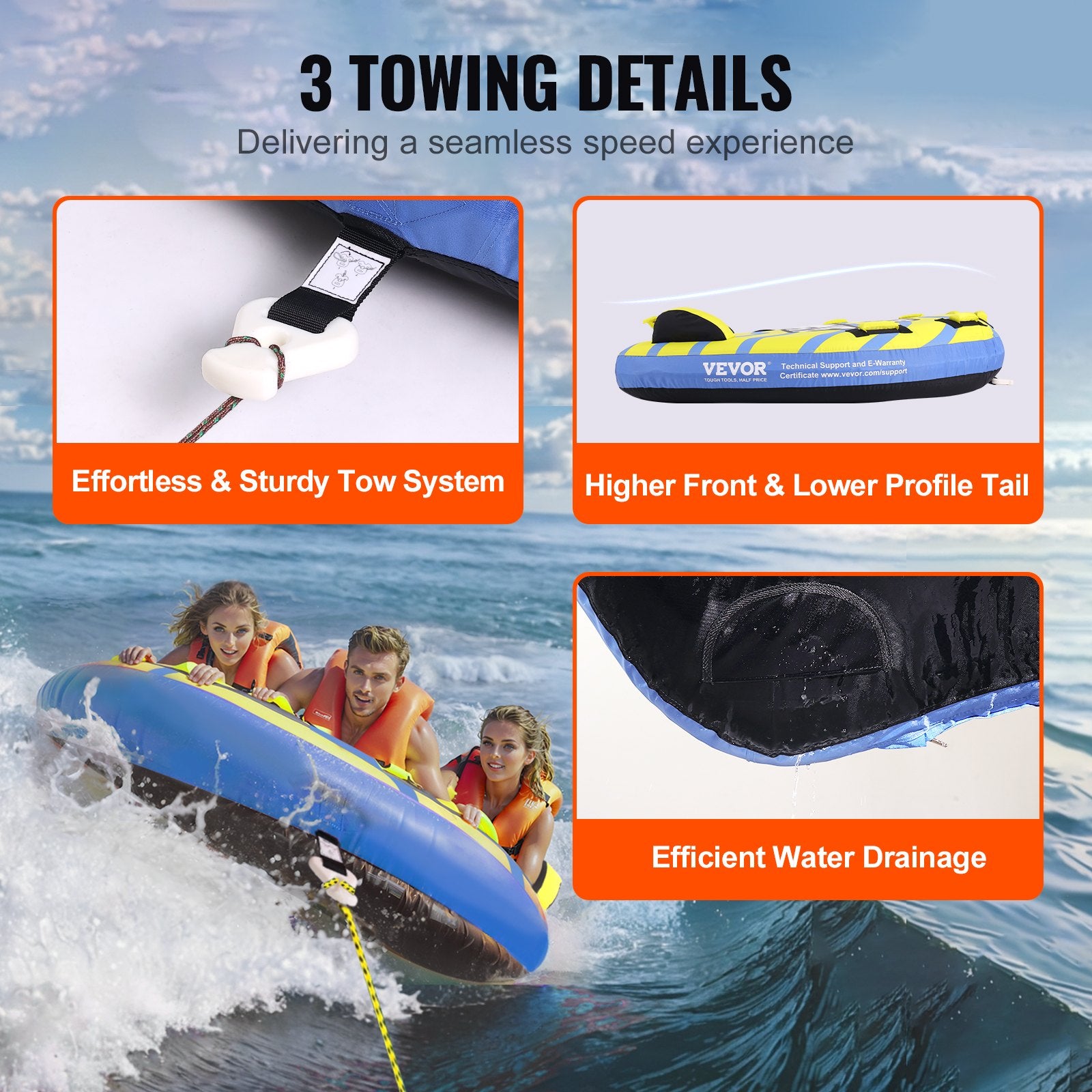 Inflatable Towable Tube for Boating 1-3 Riders with Fins and EVA Handle