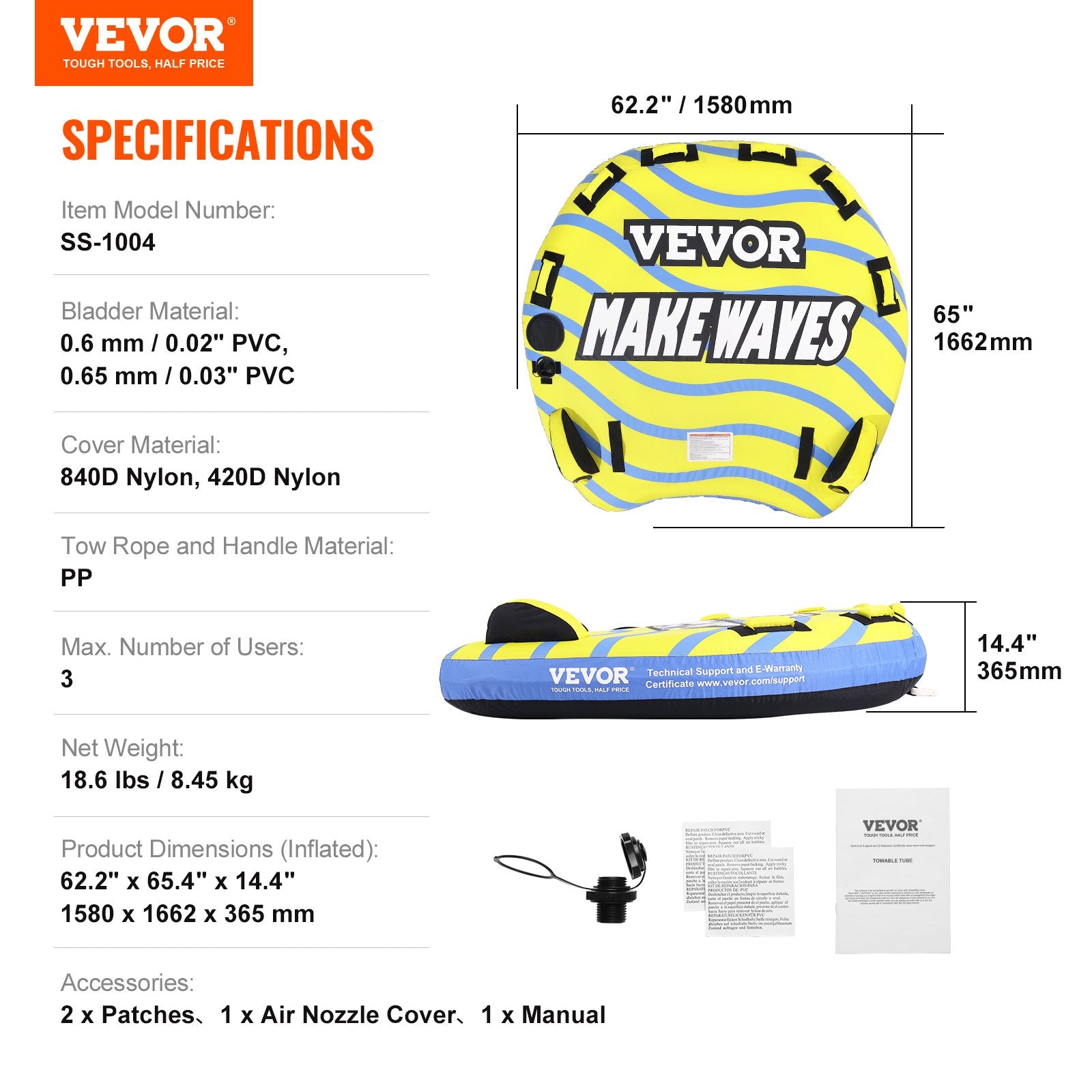 Inflatable Towable Tube for Boating 1-3 Riders with Fins and EVA Handle