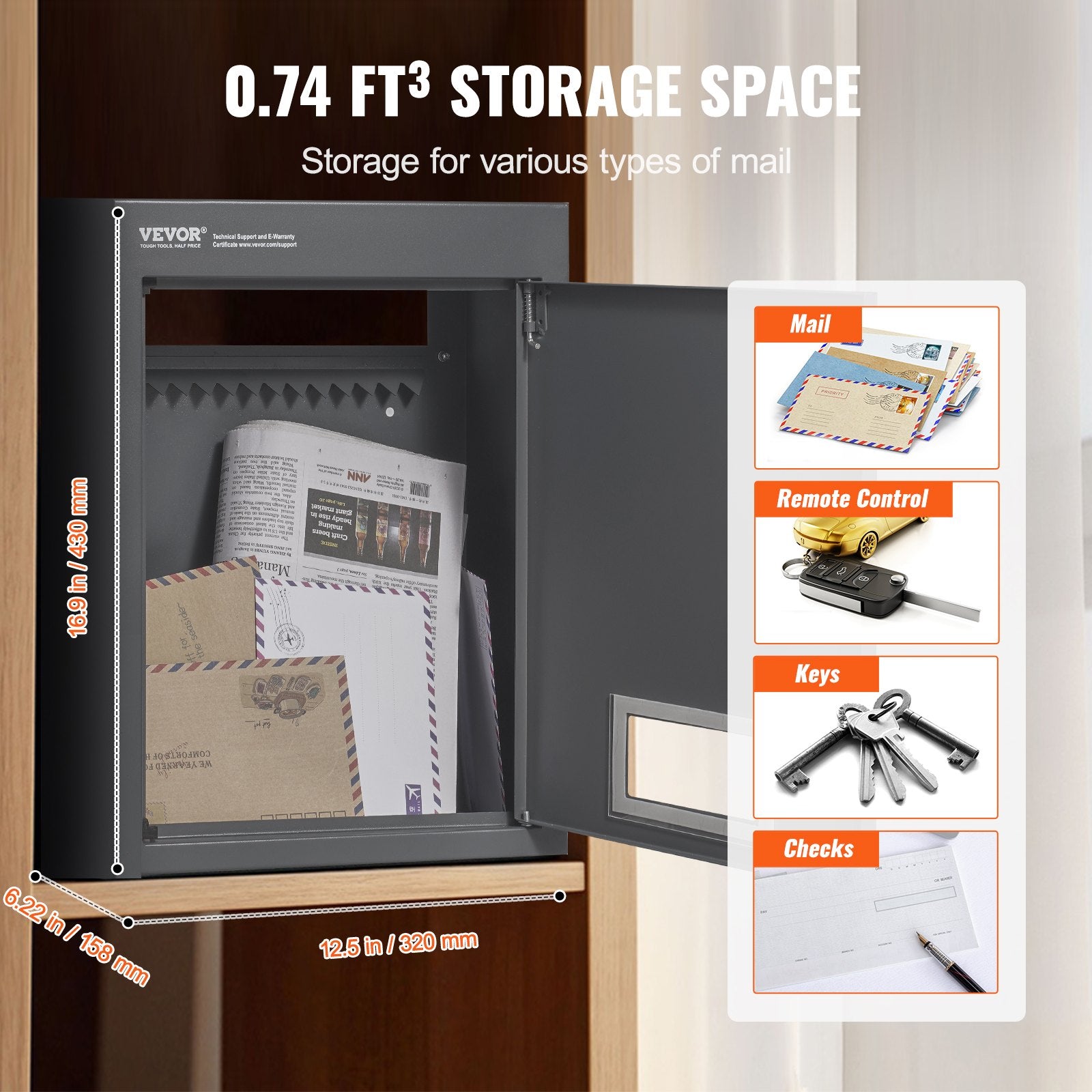 Through Wall Drop Box Steel Mailbox 12.5x6.3x16.9in Combination Lock Gray