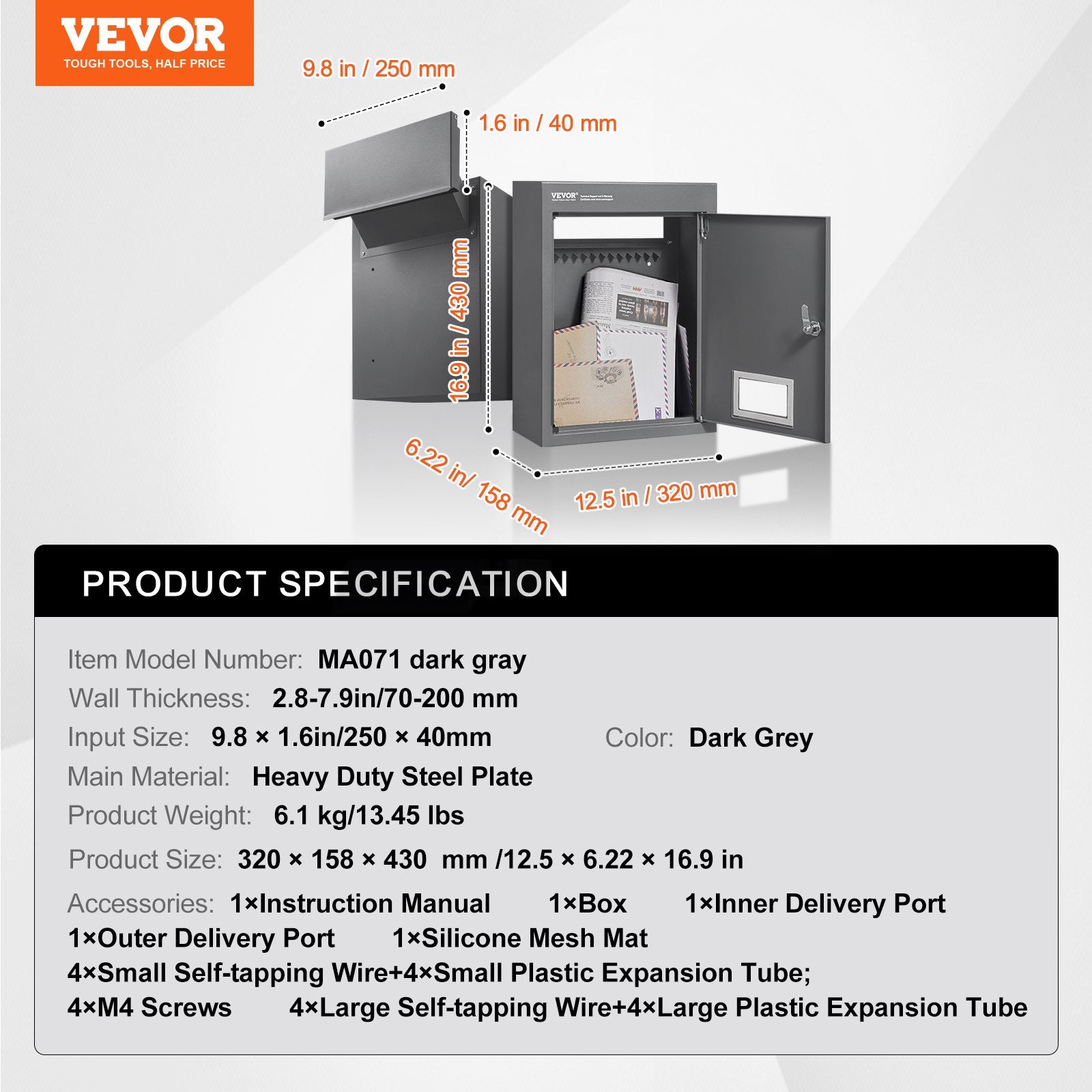 Through Wall Drop Box Steel Mailbox 12.5x6.3x16.9in Combination Lock Gray