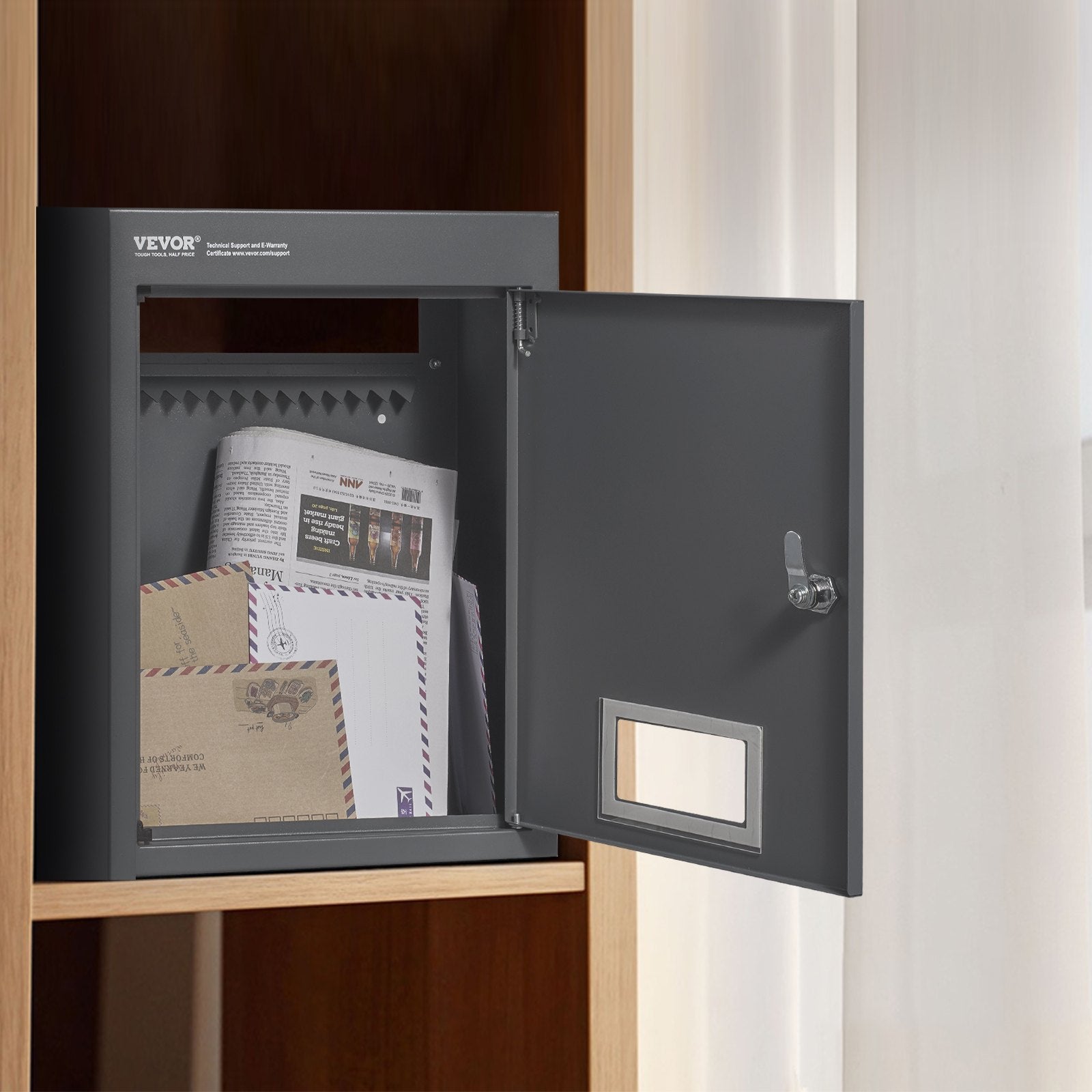 Through Wall Drop Box Steel Mailbox 12.5x6.3x16.9in Combination Lock Gray