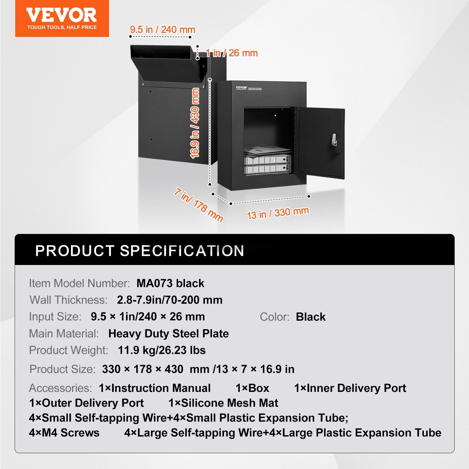 Through Wall Drop Box Steel Mailbox 13x7x17in Combination Lock Black