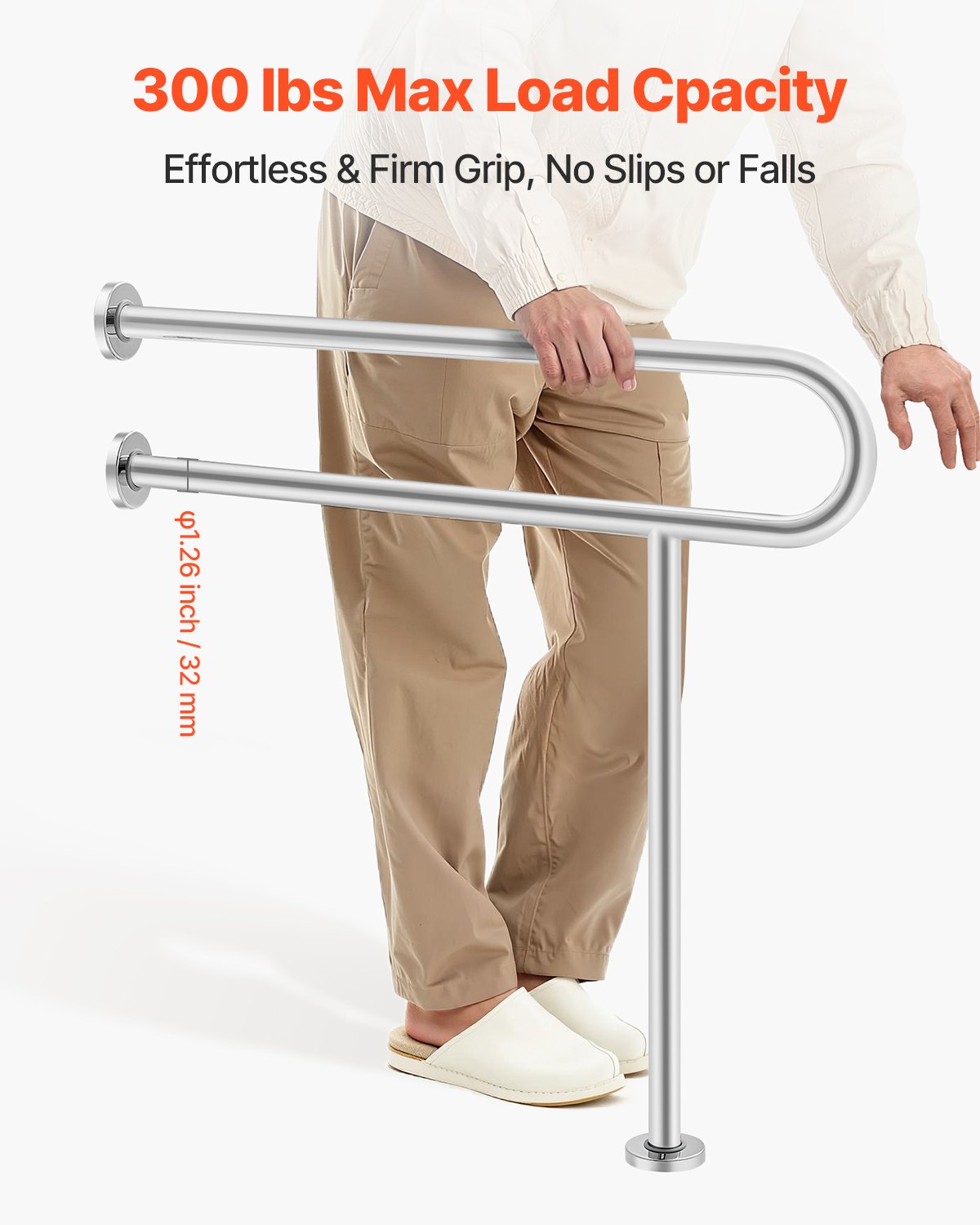 Toilet Safety Rail 80cm U-Shaped Stainless Steel Grab Bar with Anti-Slip Handle