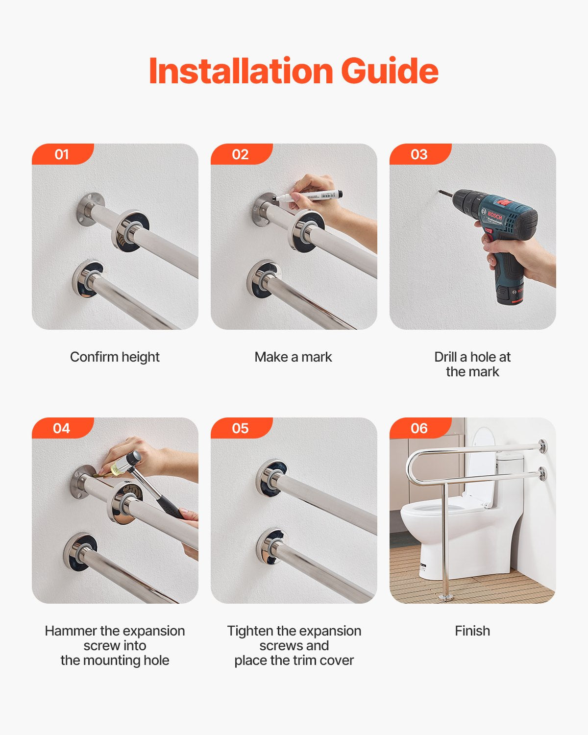 Toilet Safety Rail 80cm U-Shaped Stainless Steel Grab Bar with Anti-Slip Handle