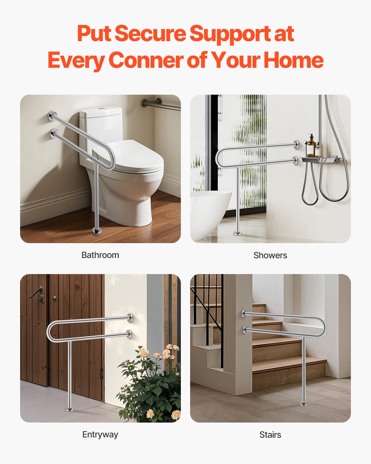 Toilet Safety Rail 80cm U-Shaped Stainless Steel Grab Bar with Anti-Slip Handle