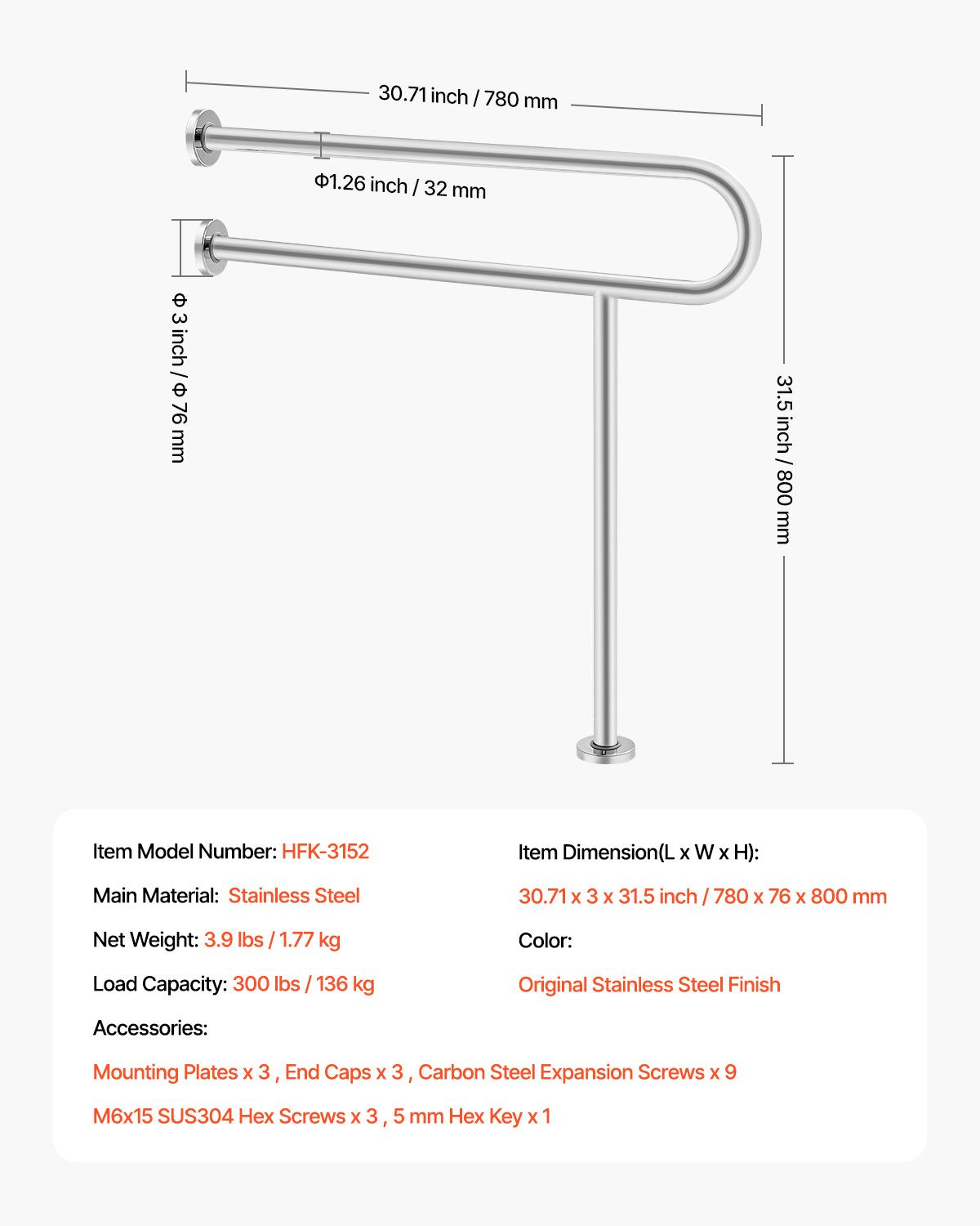 Toilet Safety Rail 80cm U-Shaped Stainless Steel Grab Bar with Anti-Slip Handle