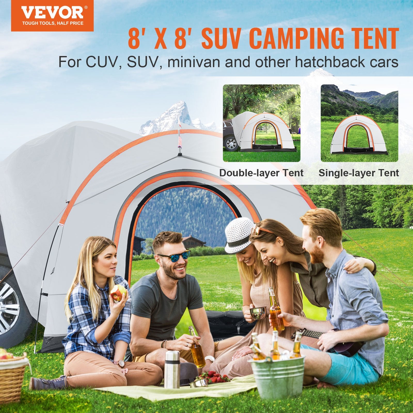 SUV Camping Tent 8'x8' PU2000mm 2-Layer for 6-8 with Rain Cover Bag