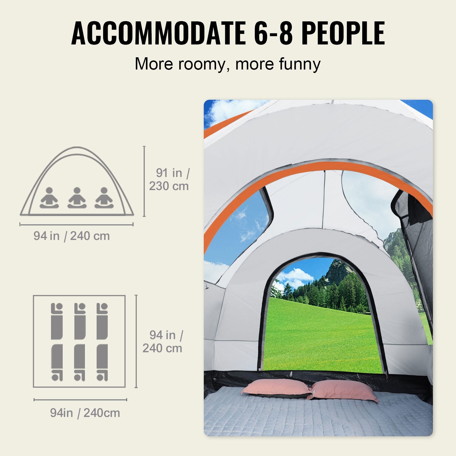 SUV Camping Tent 8'x8' PU2000mm 2-Layer for 6-8 with Rain Cover Bag