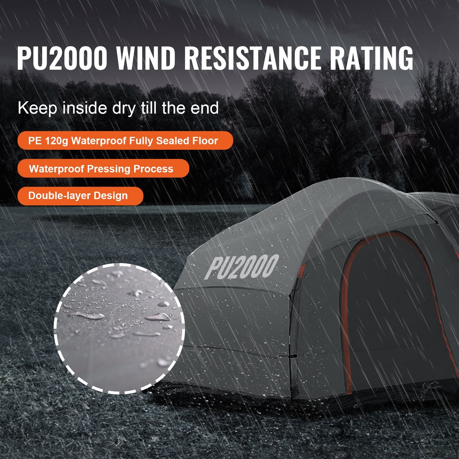 SUV Camping Tent 8'x8' PU2000mm 2-Layer for 6-8 with Rain Cover Bag