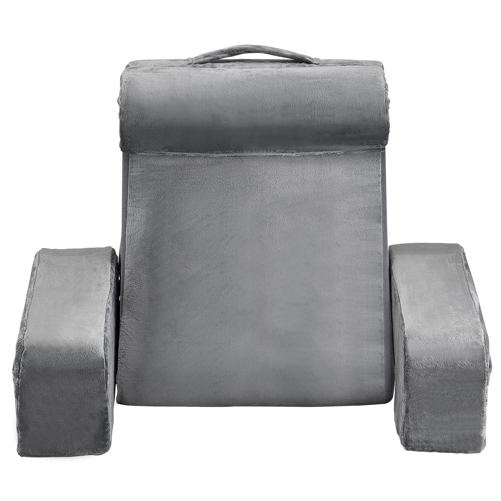 Reading Pillow, Backrest Support with Arm, 3 Pockets, Large, Grey