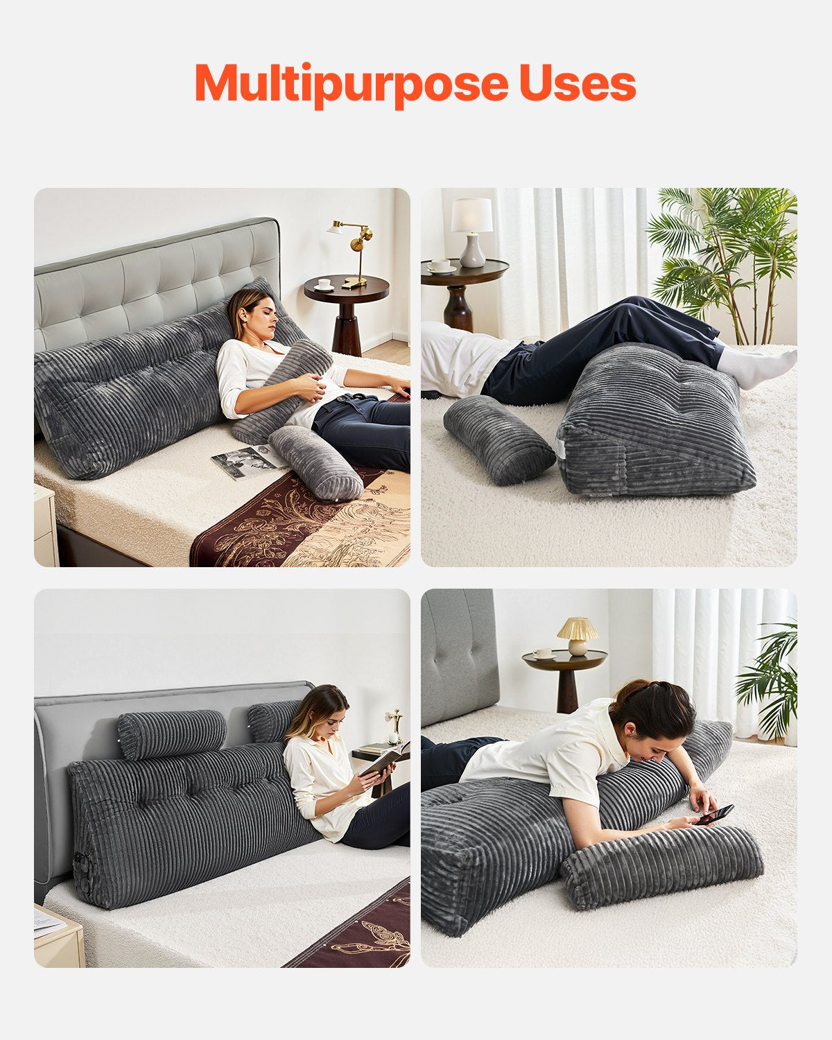 Headboard Pillow King Size Wedge with 2 Pockets 2 Headrests Washable Flannel