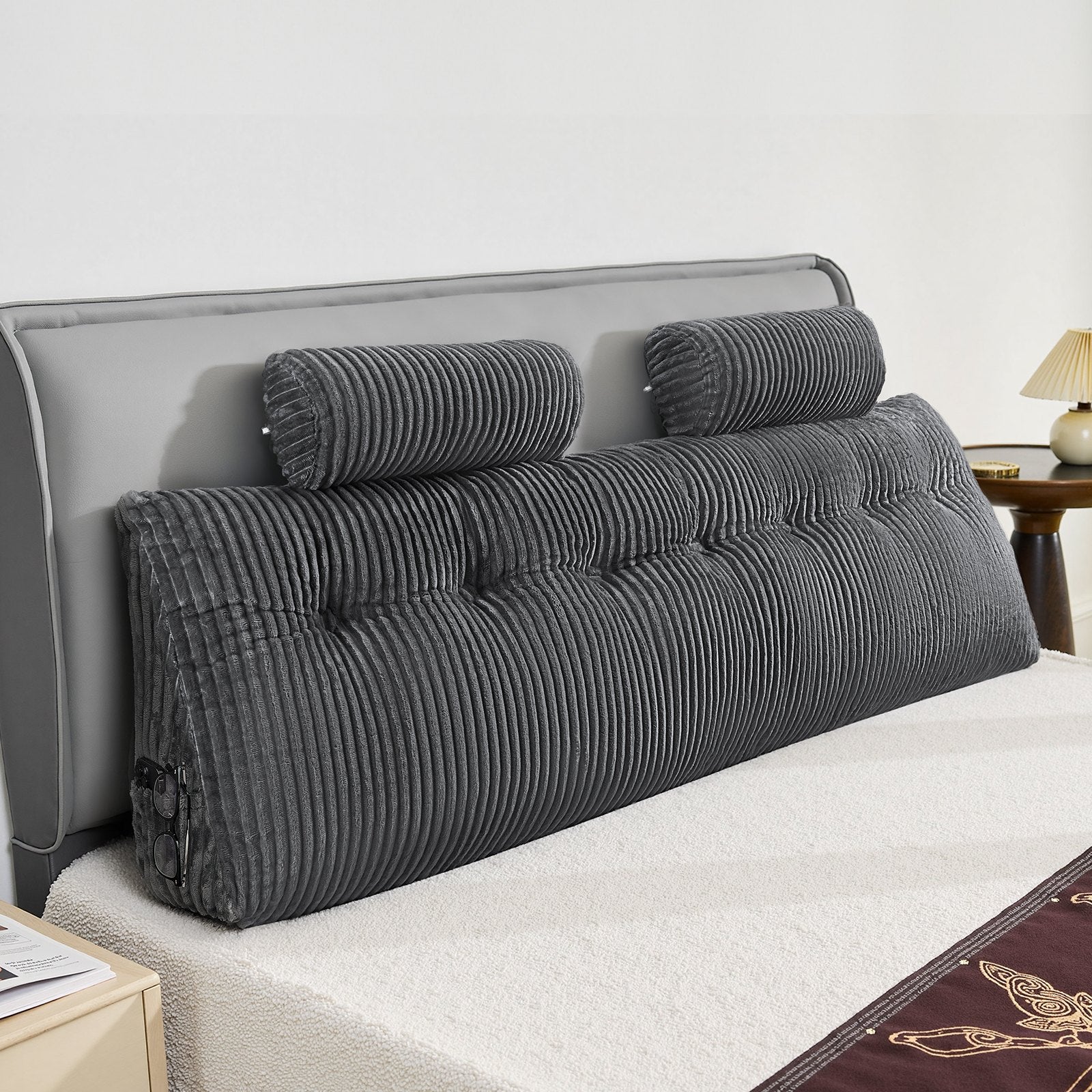 Headboard Pillow King Size Wedge with 2 Pockets 2 Headrests Washable Flannel