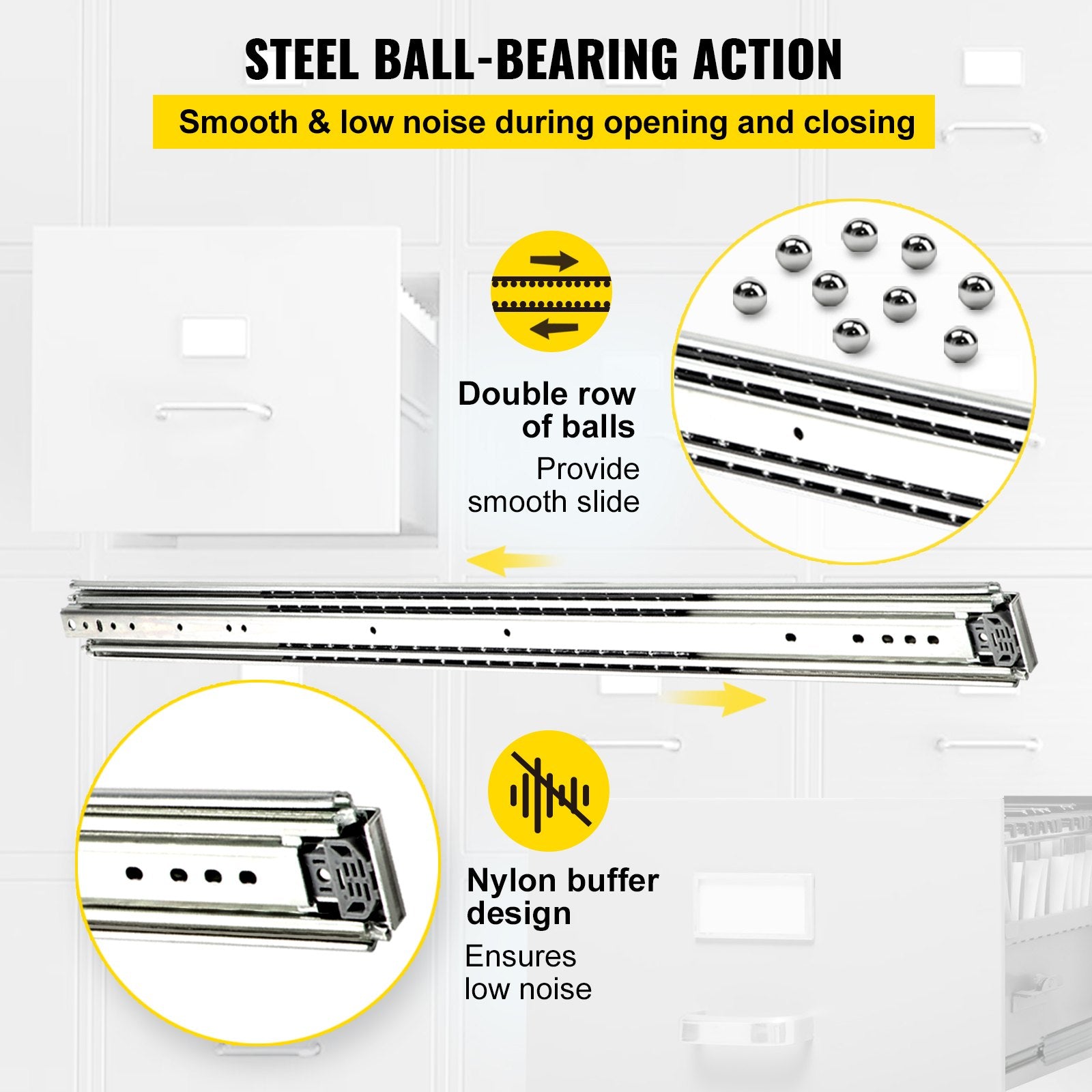 Drawer Slides, 1 Pair 42 Inch Heavy Duty Ball Bearing Side Mount, 500 LBS Load