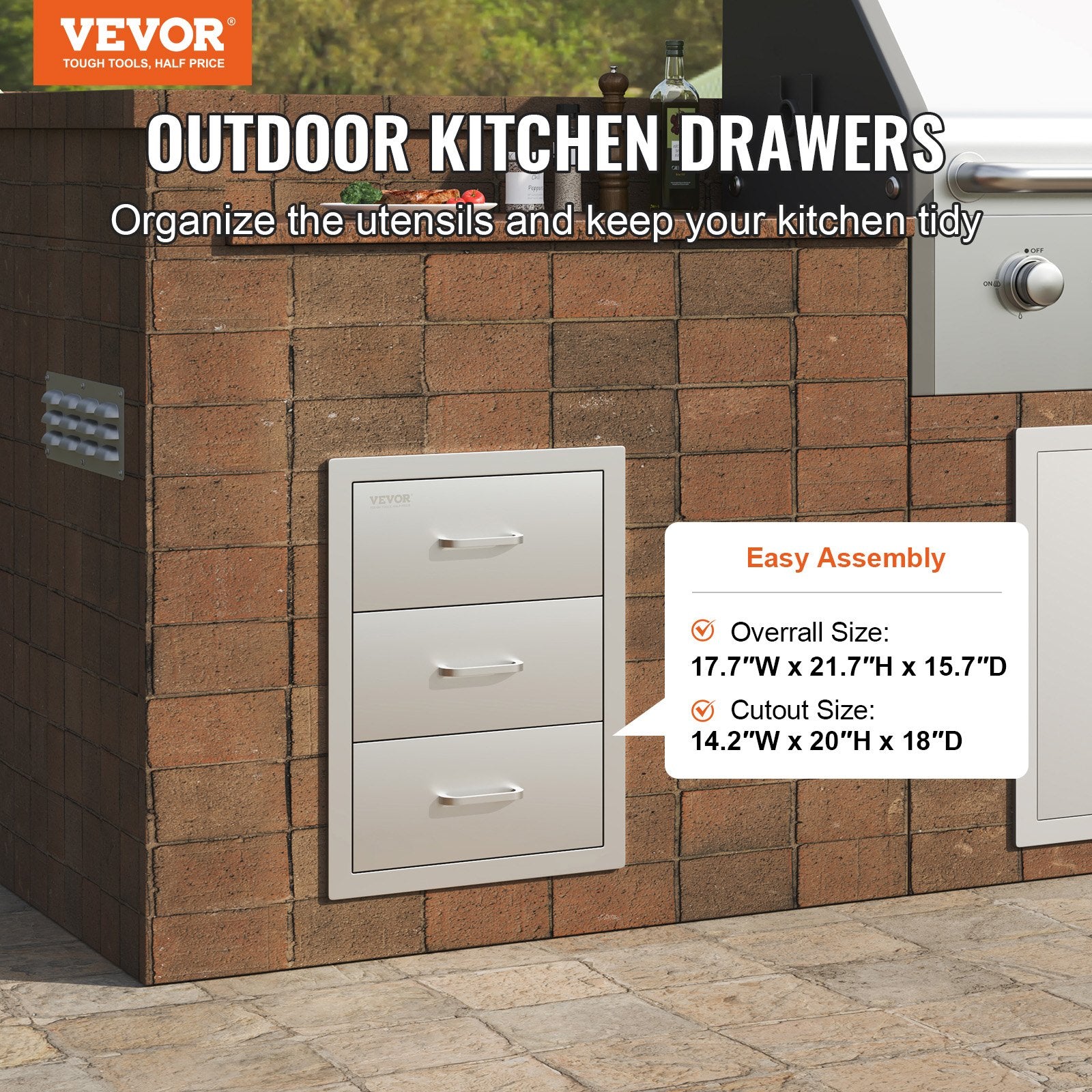 Outdoor Kitchen Triple Flush Mount BBQ Drawers with Stainless Steel Handle
