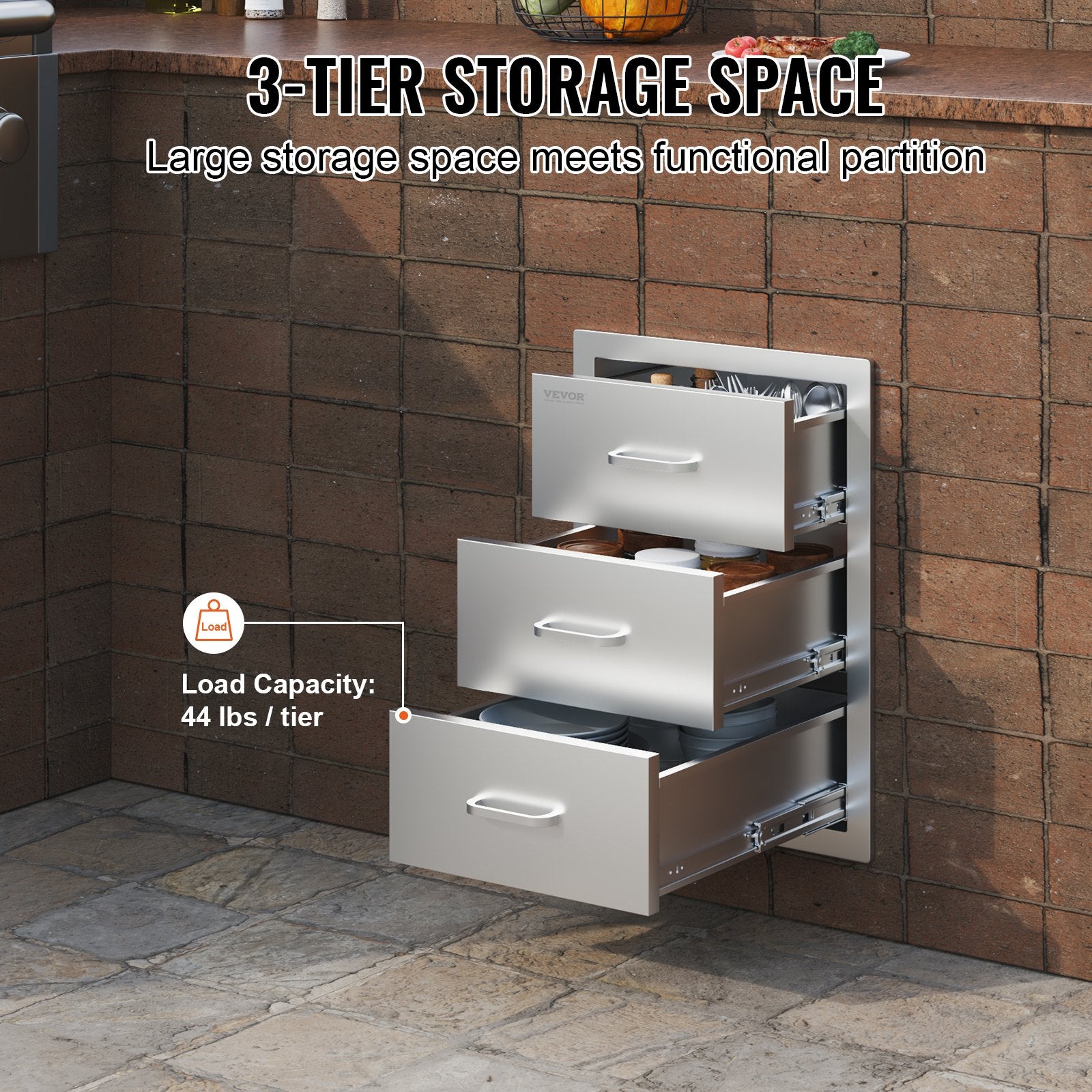 Outdoor Kitchen Triple Flush Mount BBQ Drawers with Stainless Steel Handle