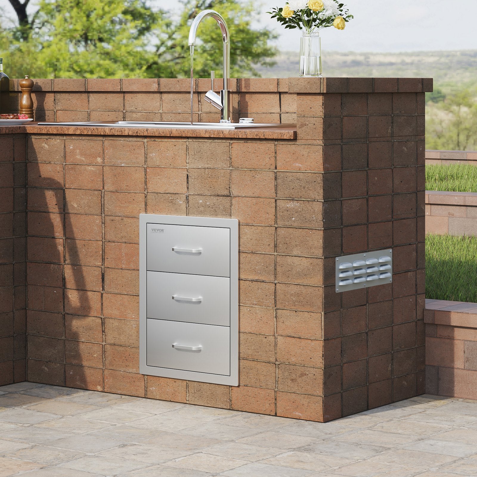 Outdoor Kitchen Triple Flush Mount BBQ Drawers with Stainless Steel Handle