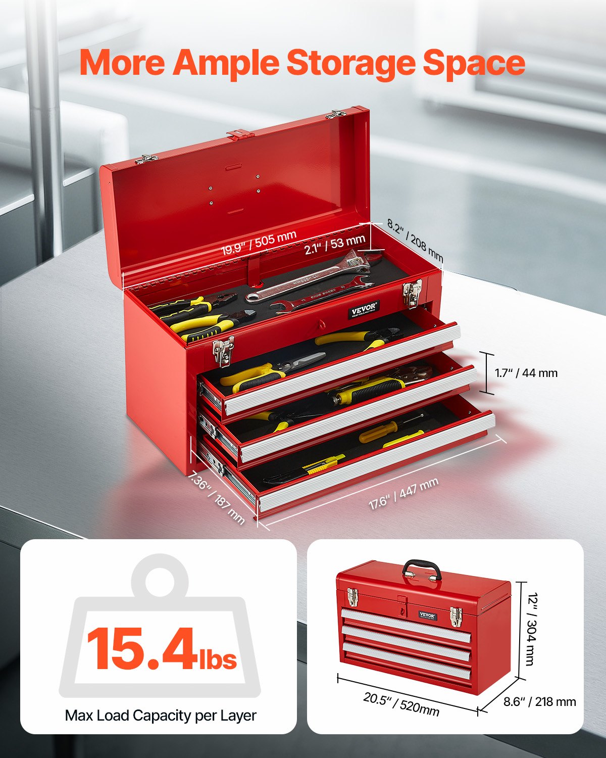 Metal Tool Box 20.5" Portable 3-Drawer Tool Chest with EVA Liners Red
