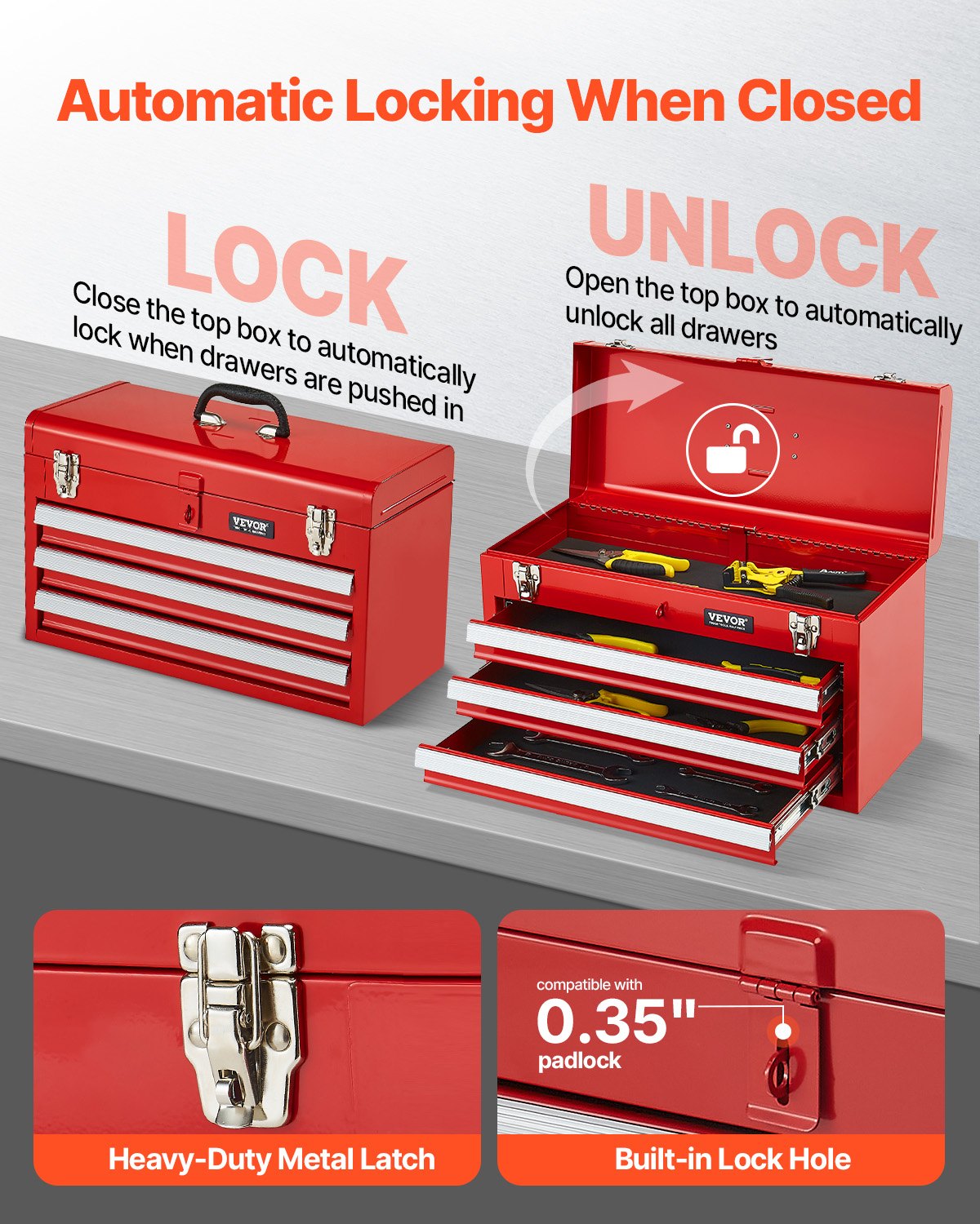 Metal Tool Box 20.5" Portable 3-Drawer Tool Chest with EVA Liners Red