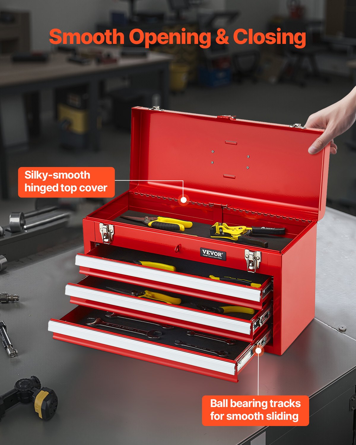 Metal Tool Box 20.5" Portable 3-Drawer Tool Chest with EVA Liners Red