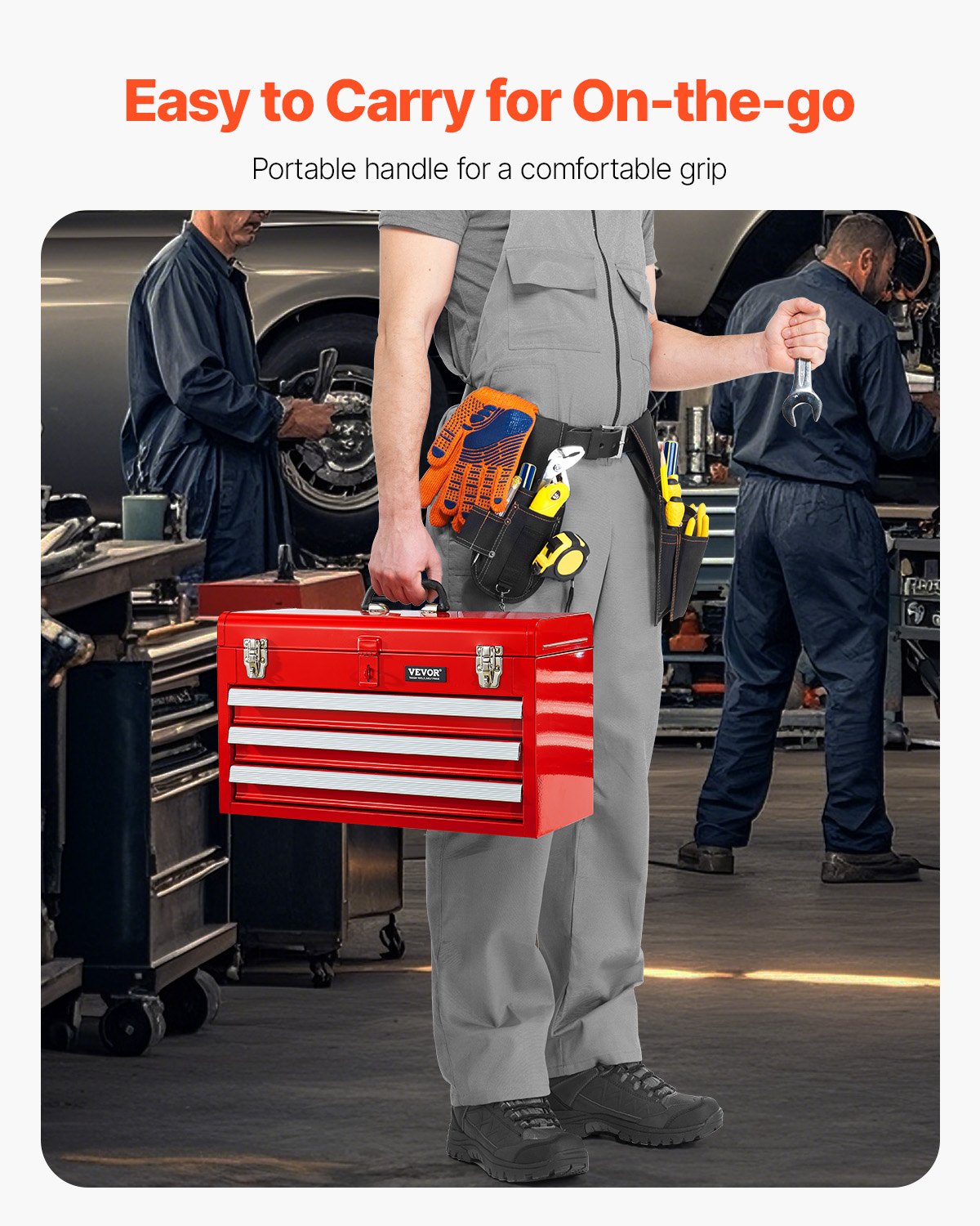 Metal Tool Box 20.5" Portable 3-Drawer Tool Chest with EVA Liners Red