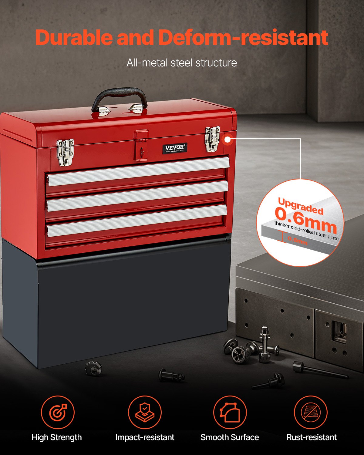 Metal Tool Box 20.5" Portable 3-Drawer Tool Chest with EVA Liners Red