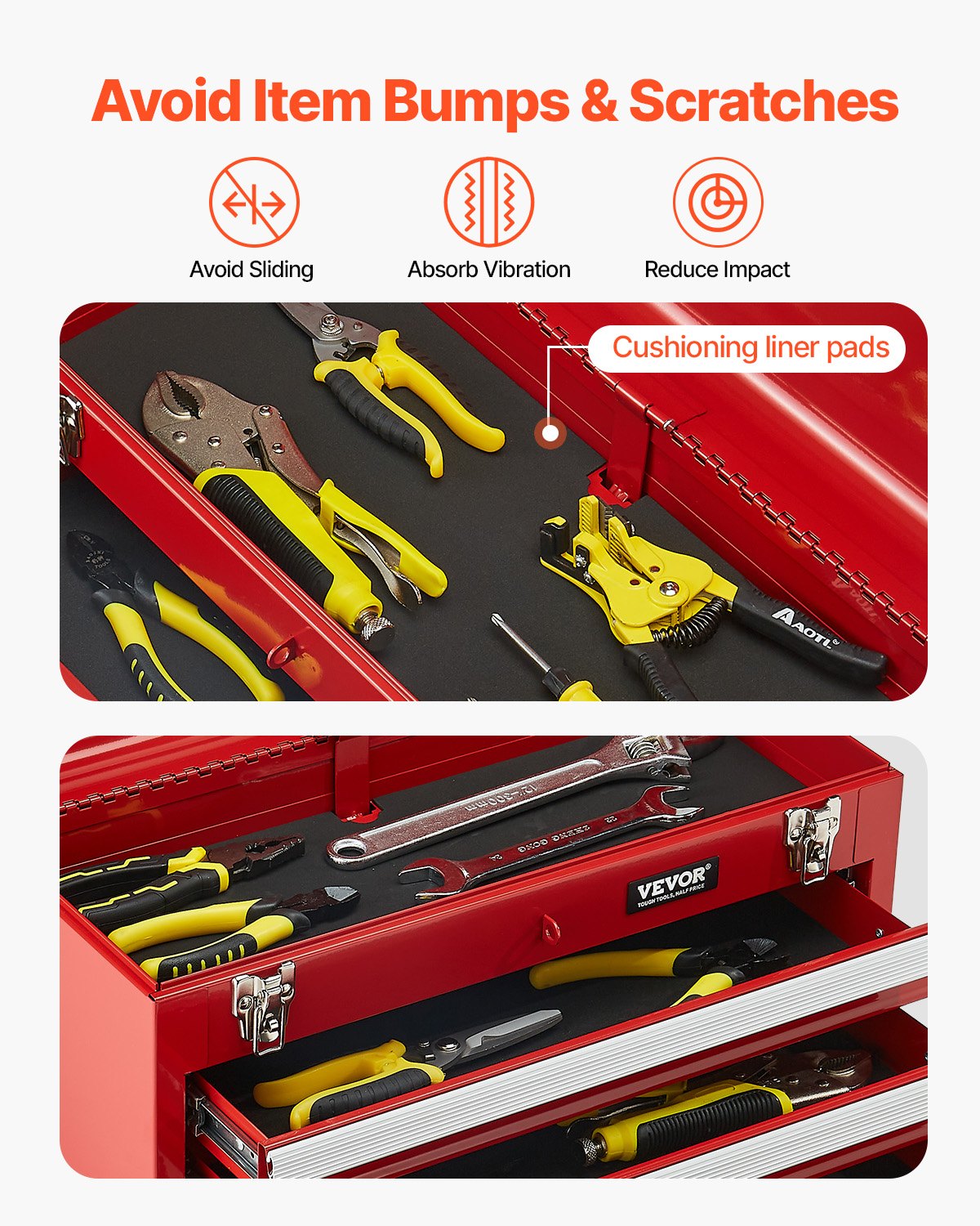 Metal Tool Box 20.5" Portable 3-Drawer Tool Chest with EVA Liners Red