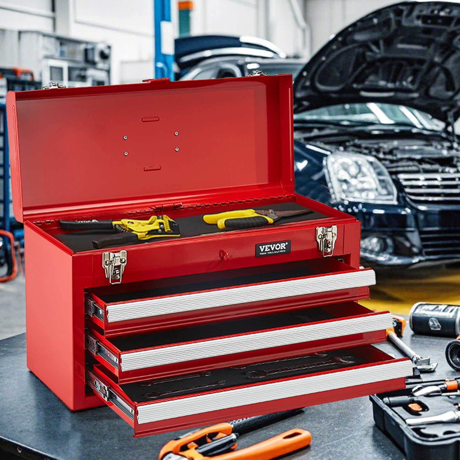 Metal Tool Box 20.5" Portable 3-Drawer Tool Chest with EVA Liners Red
