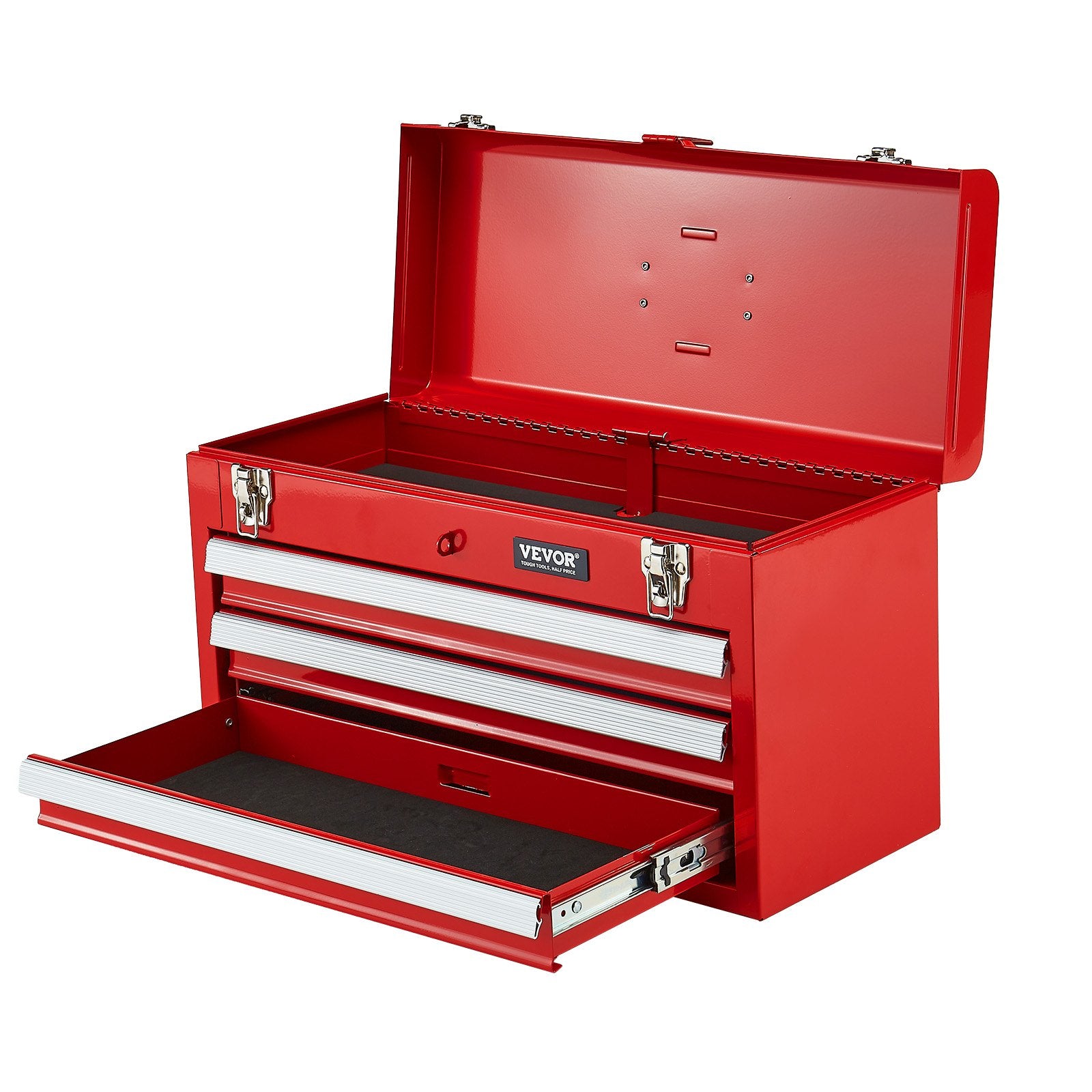 Metal Tool Box 20.5" Portable 3-Drawer Tool Chest with EVA Liners Red