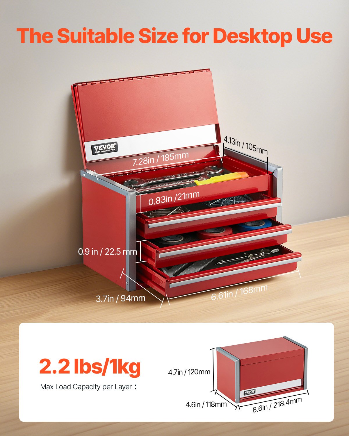 Metal Tool Box 8.6" Portable 3-Drawer Steel Tool Chest with EVA Liners Red