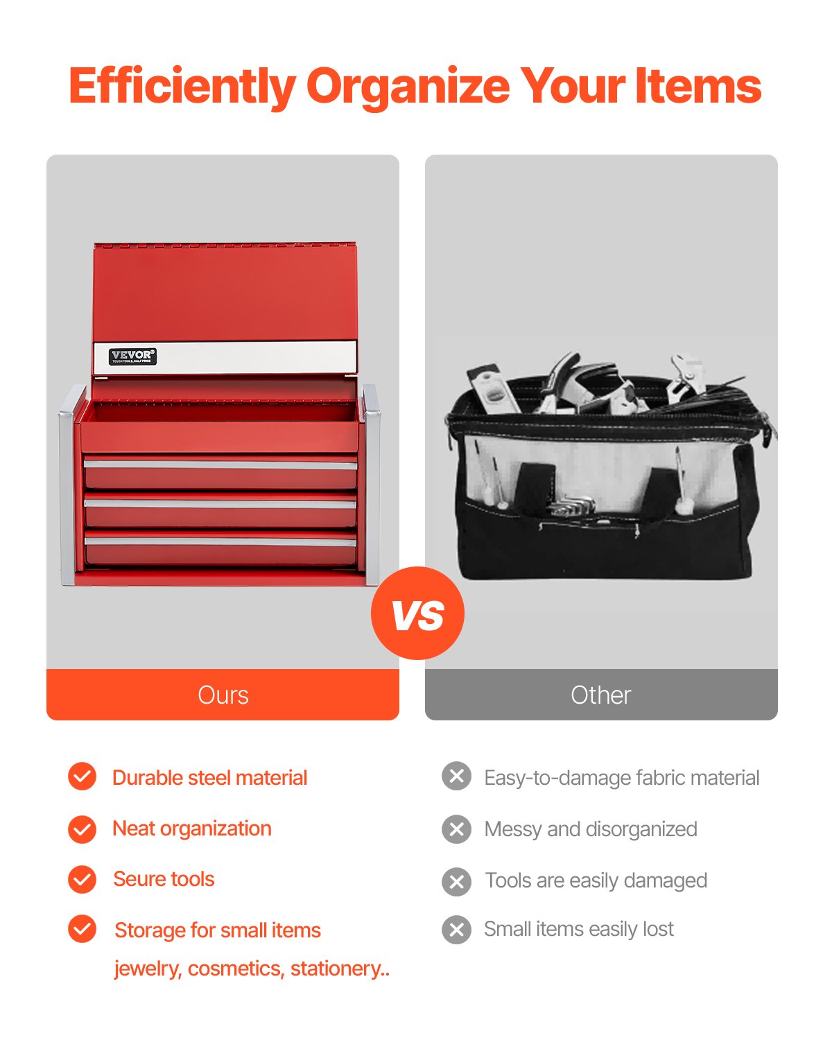 Metal Tool Box 8.6" Portable 3-Drawer Steel Tool Chest with EVA Liners Red