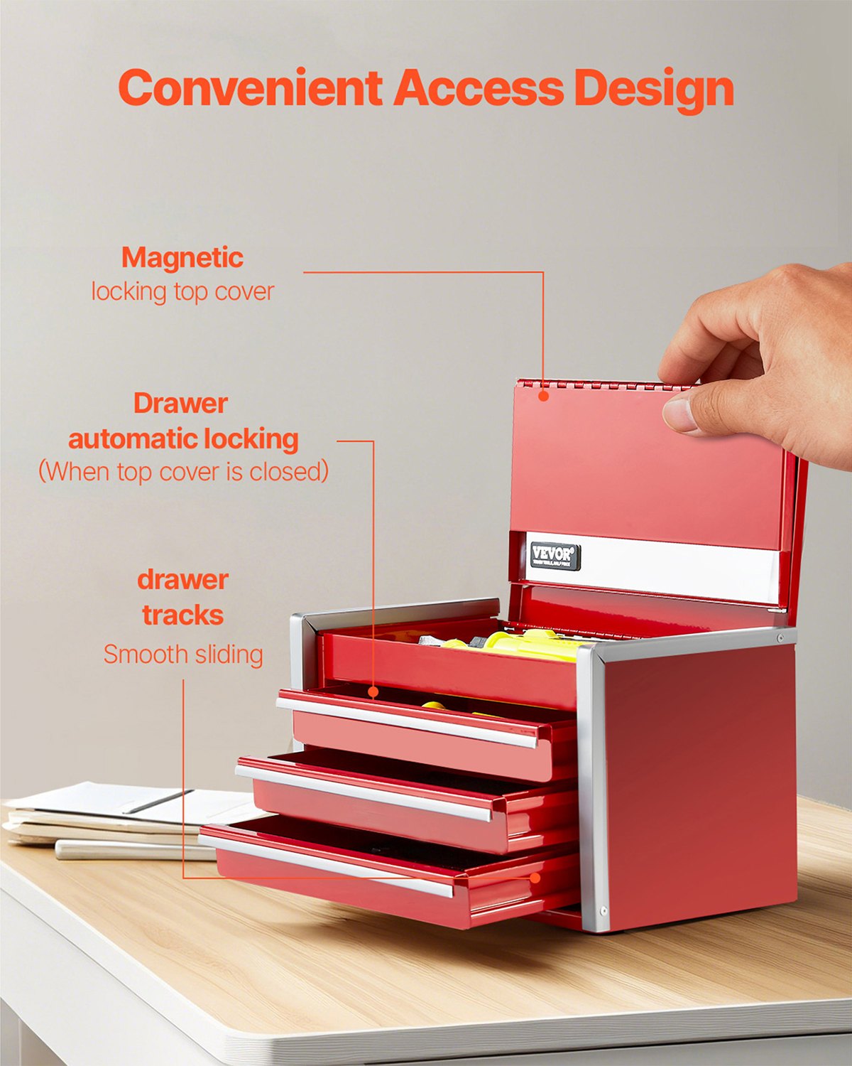 Metal Tool Box 8.6" Portable 3-Drawer Steel Tool Chest with EVA Liners Red