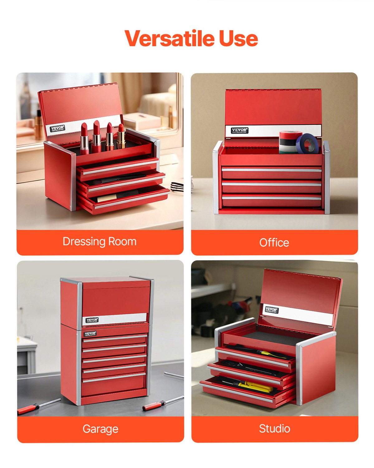 Metal Tool Box 8.6" Portable 3-Drawer Steel Tool Chest with EVA Liners Red