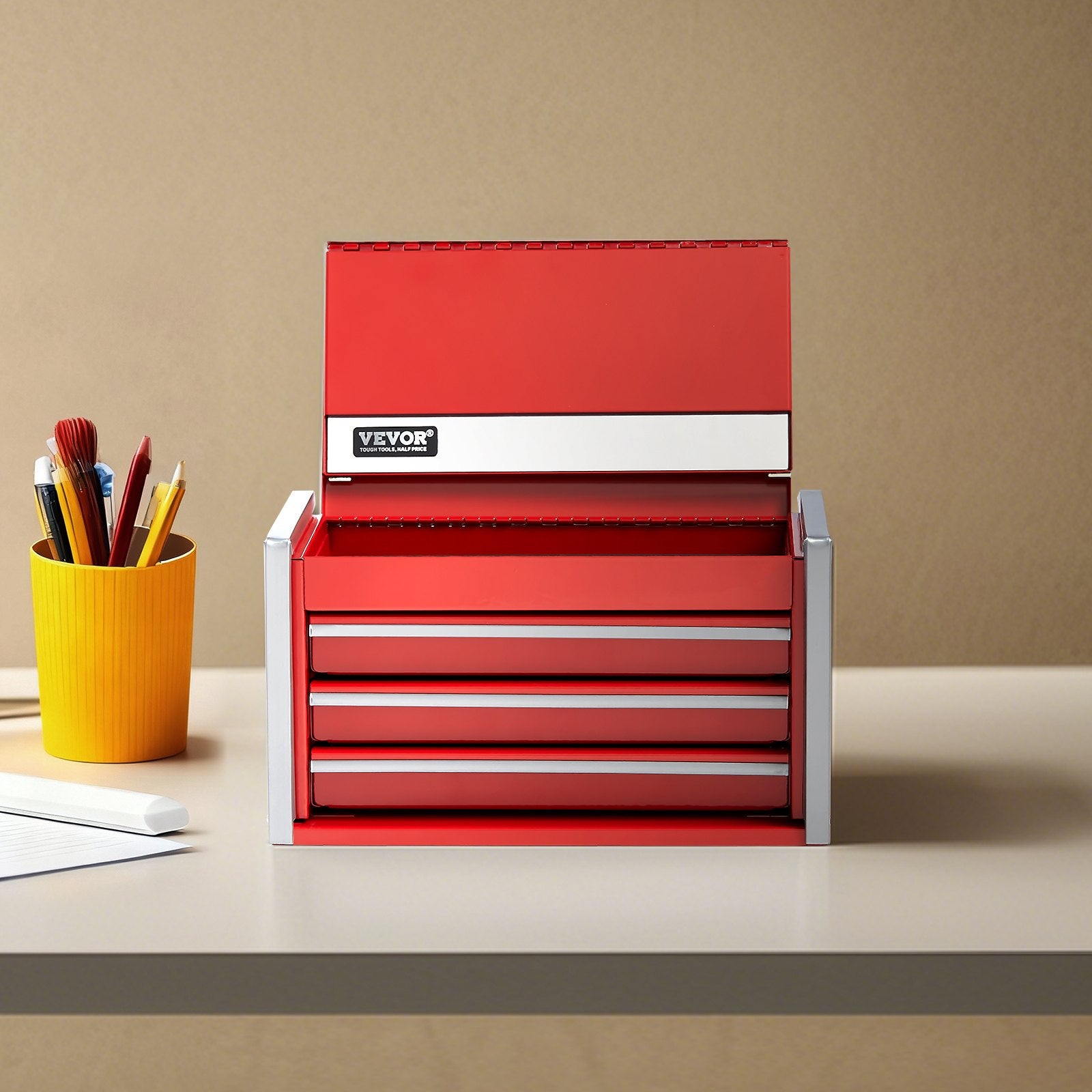 Metal Tool Box 8.6" Portable 3-Drawer Steel Tool Chest with EVA Liners Red