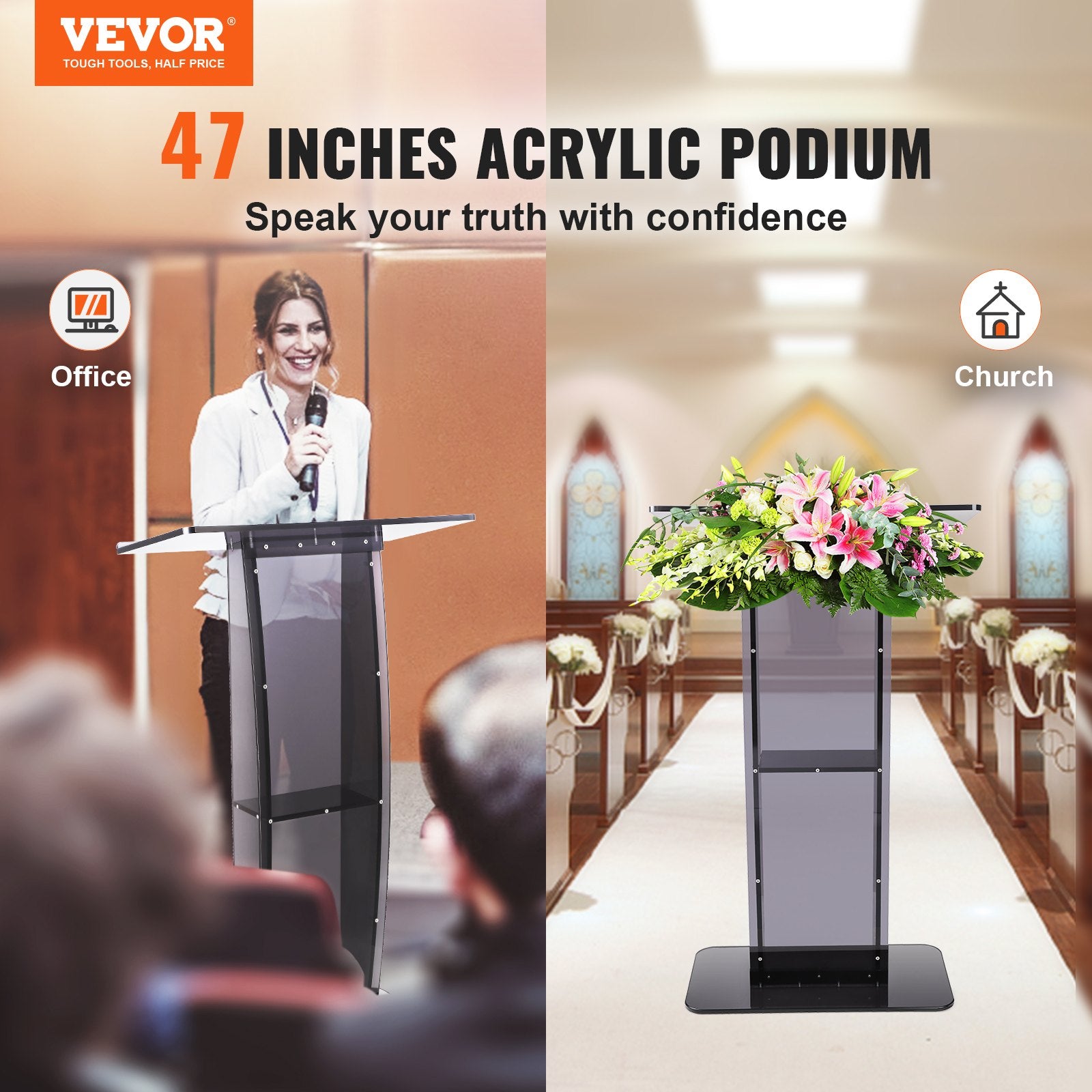 Acrylic Podium 47" Tall Stand with Wide Reading Surface and Storage Shelf Black