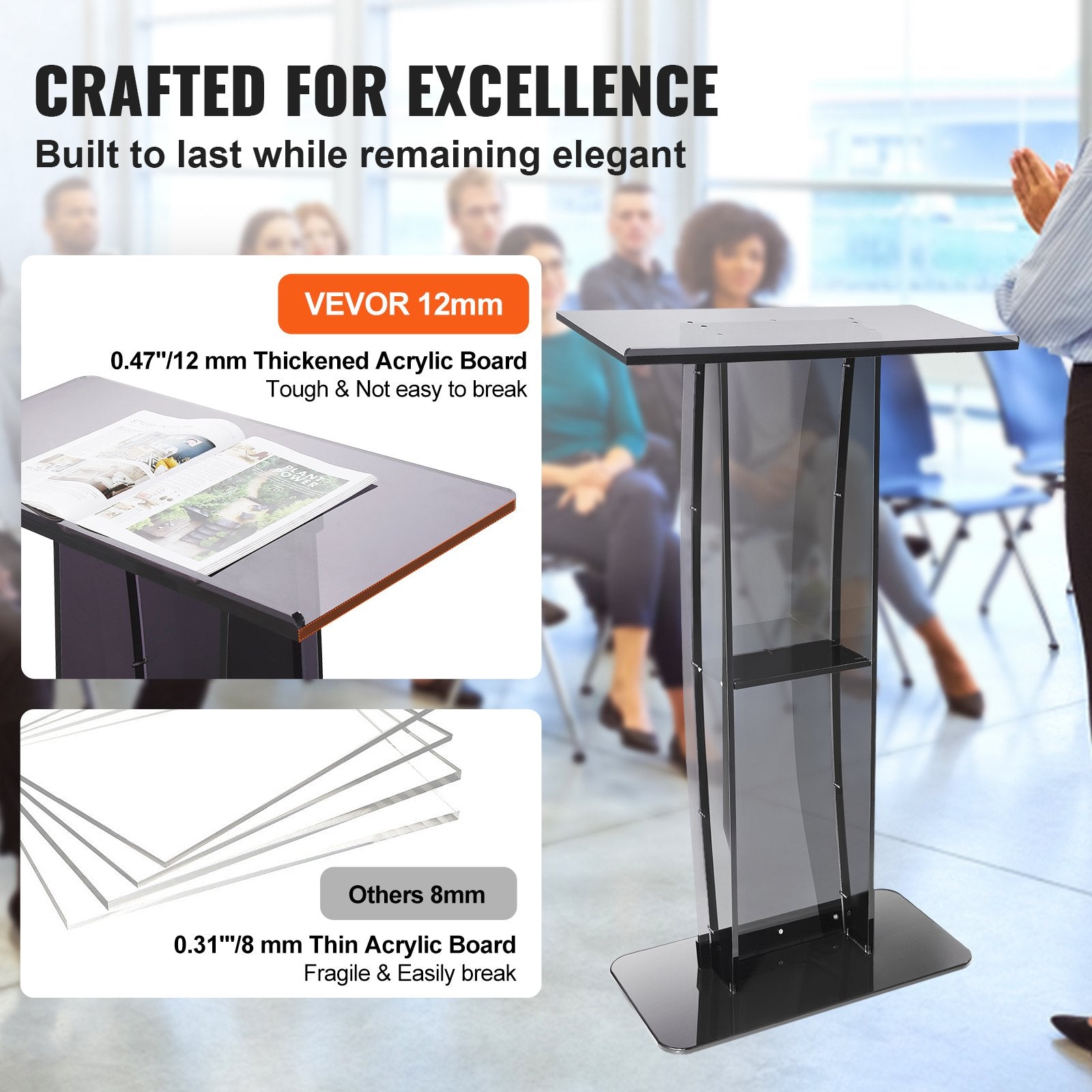 Acrylic Podium 47" Tall Stand with Wide Reading Surface and Storage Shelf Black