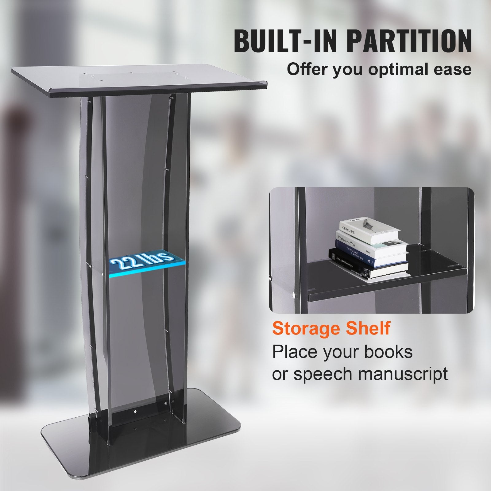 Acrylic Podium 47" Tall Stand with Wide Reading Surface and Storage Shelf Black