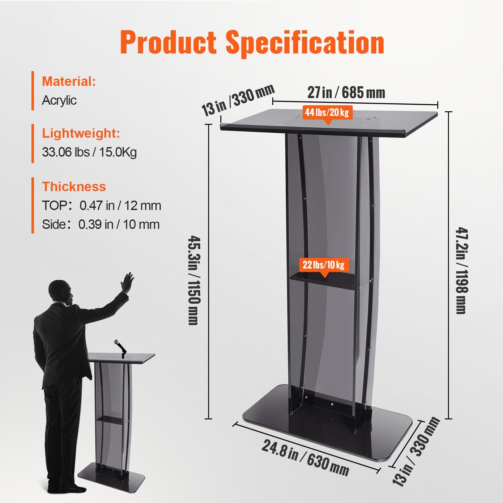 Acrylic Podium 47" Tall Stand with Wide Reading Surface and Storage Shelf Black