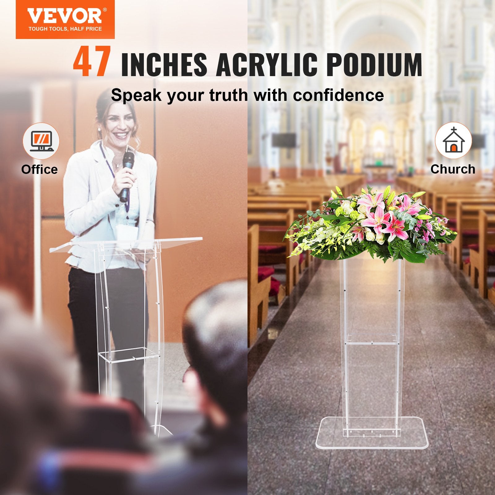 47'' Clear Acrylic Podium Stand with Reading Surface Shelf for Church School