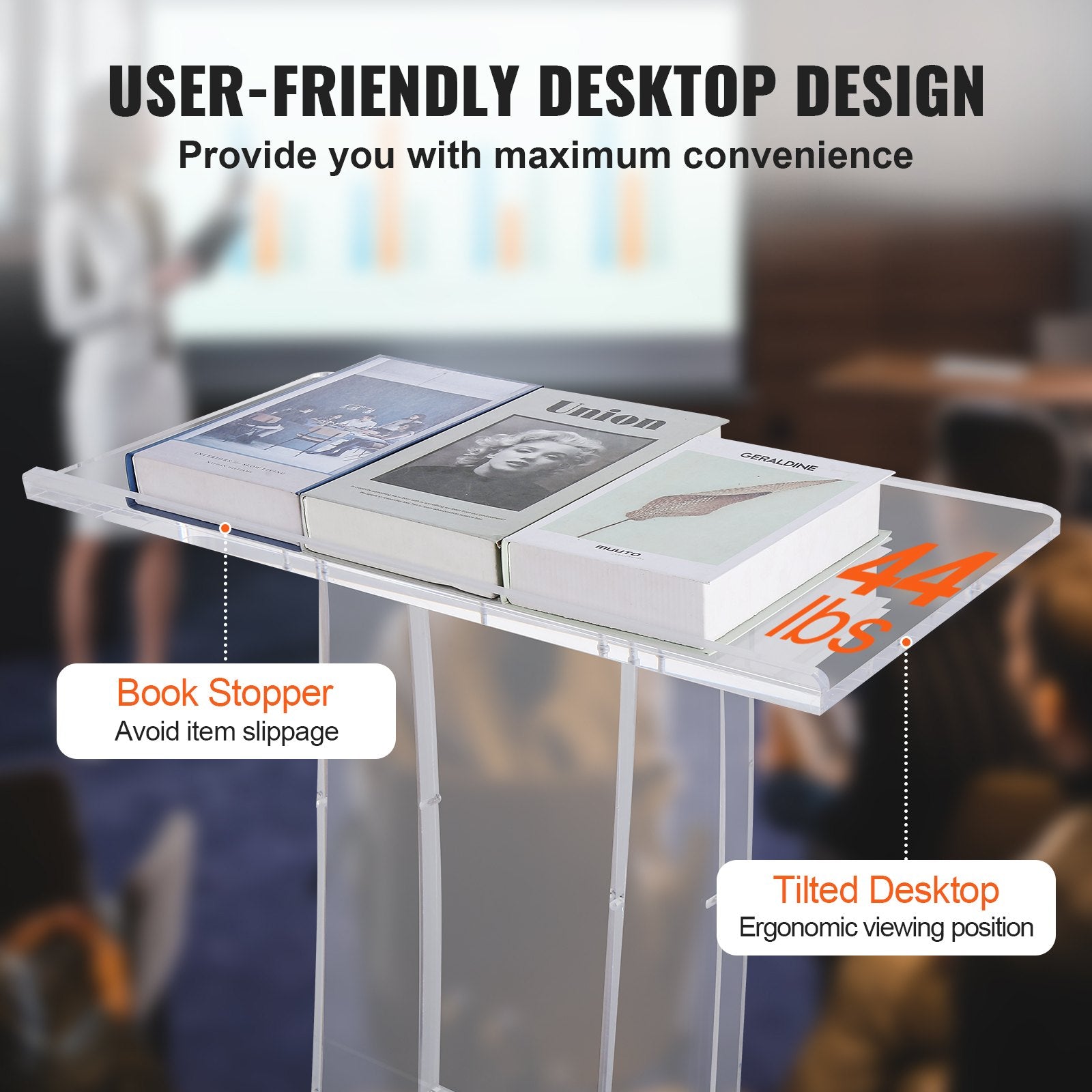 47'' Clear Acrylic Podium Stand with Reading Surface Shelf for Church School