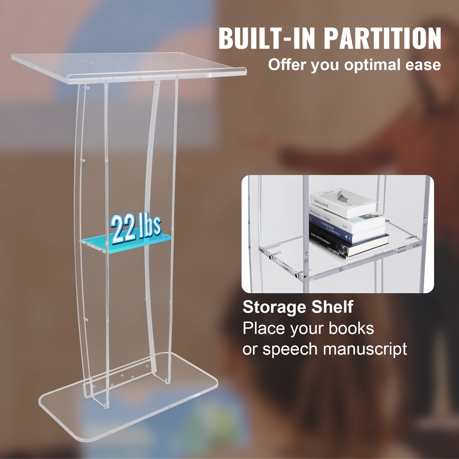 47'' Clear Acrylic Podium Stand with Reading Surface Shelf for Church School