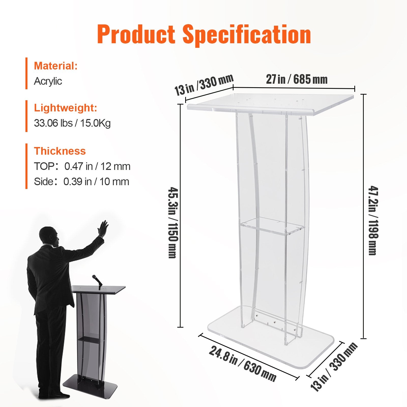 47'' Clear Acrylic Podium Stand with Reading Surface Shelf for Church School