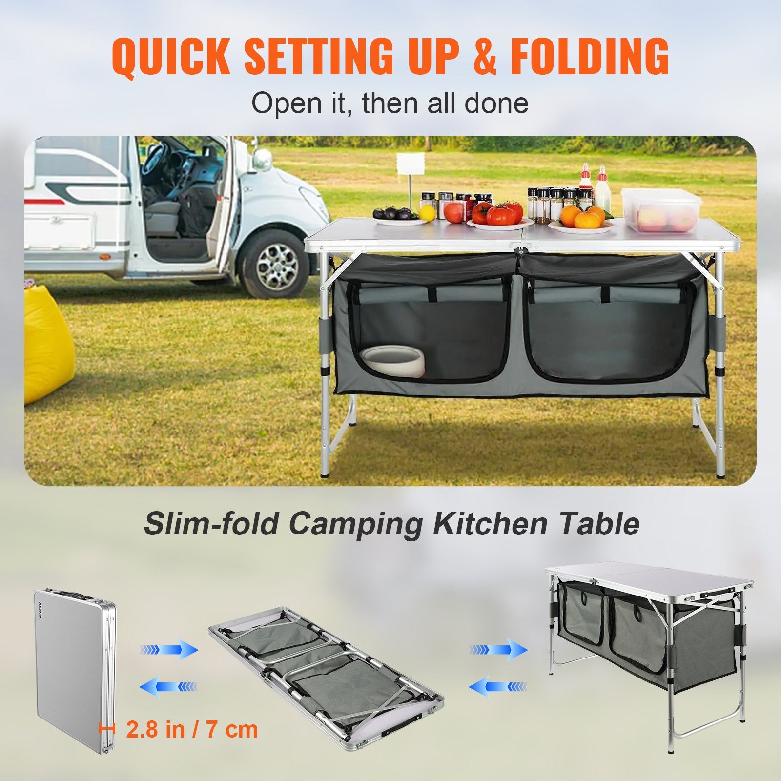 Camping Kitchen Table Folding Outdoor Table with Carrying Bag Adjustable Heights