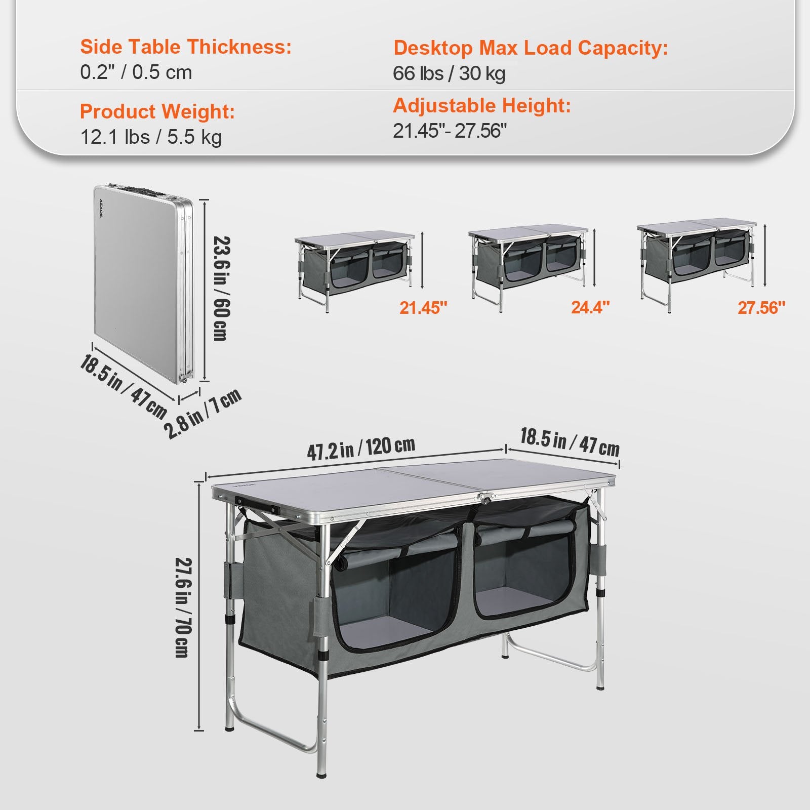 Camping Kitchen Table Folding Outdoor Table with Carrying Bag Adjustable Heights